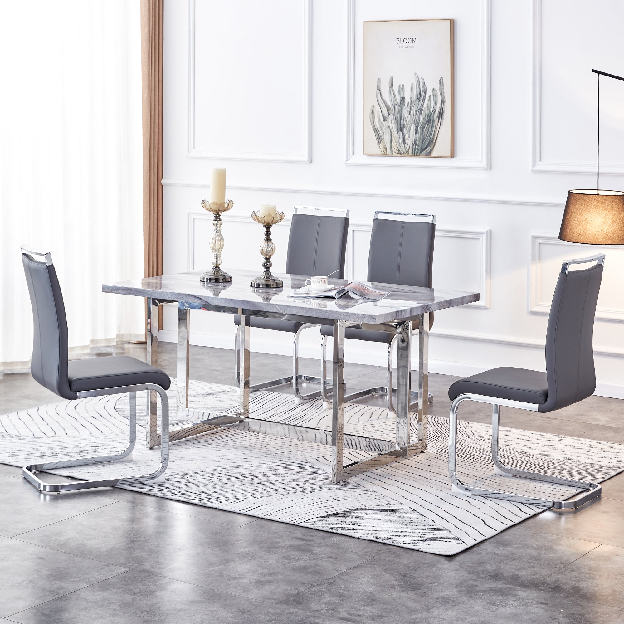 Rectangular Marble Dining Table with Faux Marble Top and Gray U-Shape Base_4