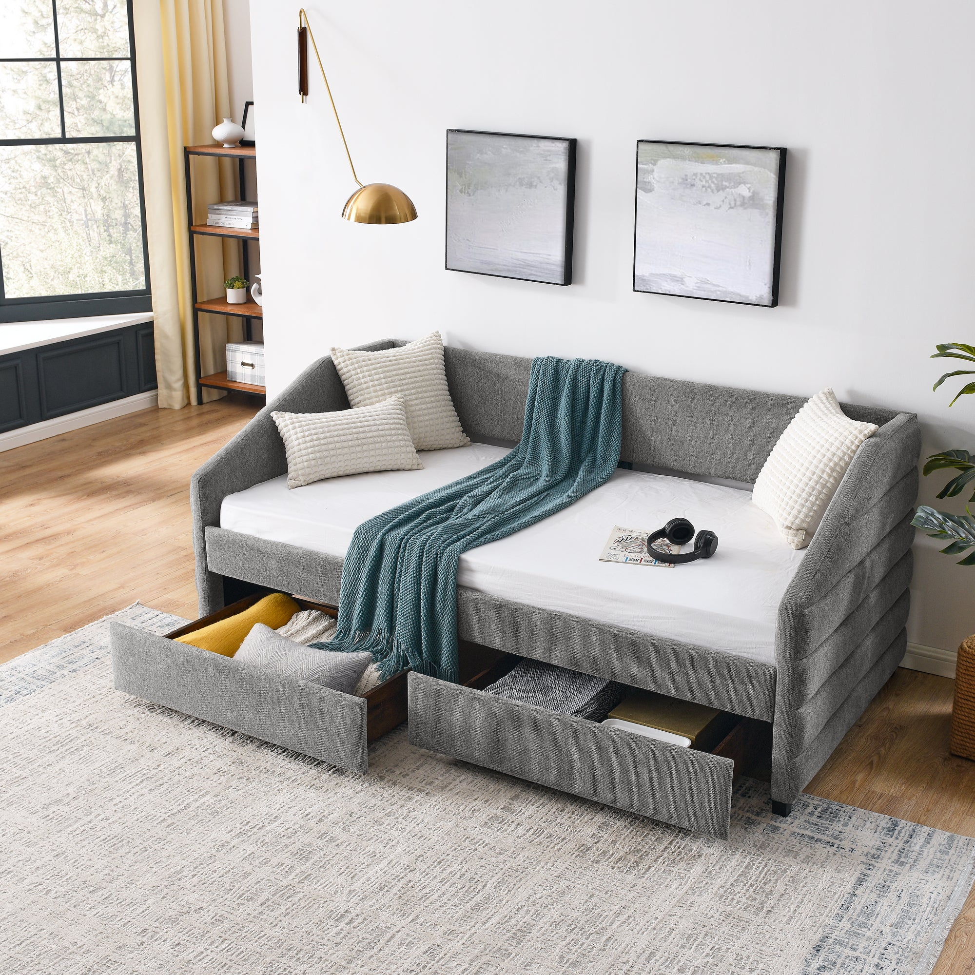 Twin Size Daybed with Two Drawers Trundle Upholstered Tufted Sofa Bed- Grey_2