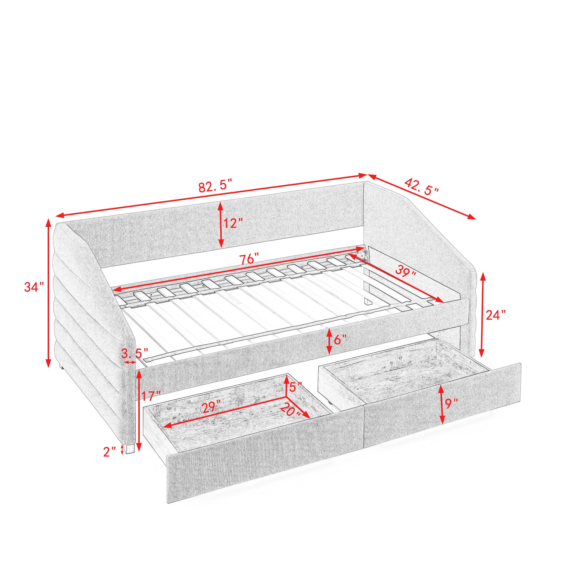 Twin Size Daybed with Two Drawers Trundle Upholstered Tufted Sofa Bed- Grey_16
