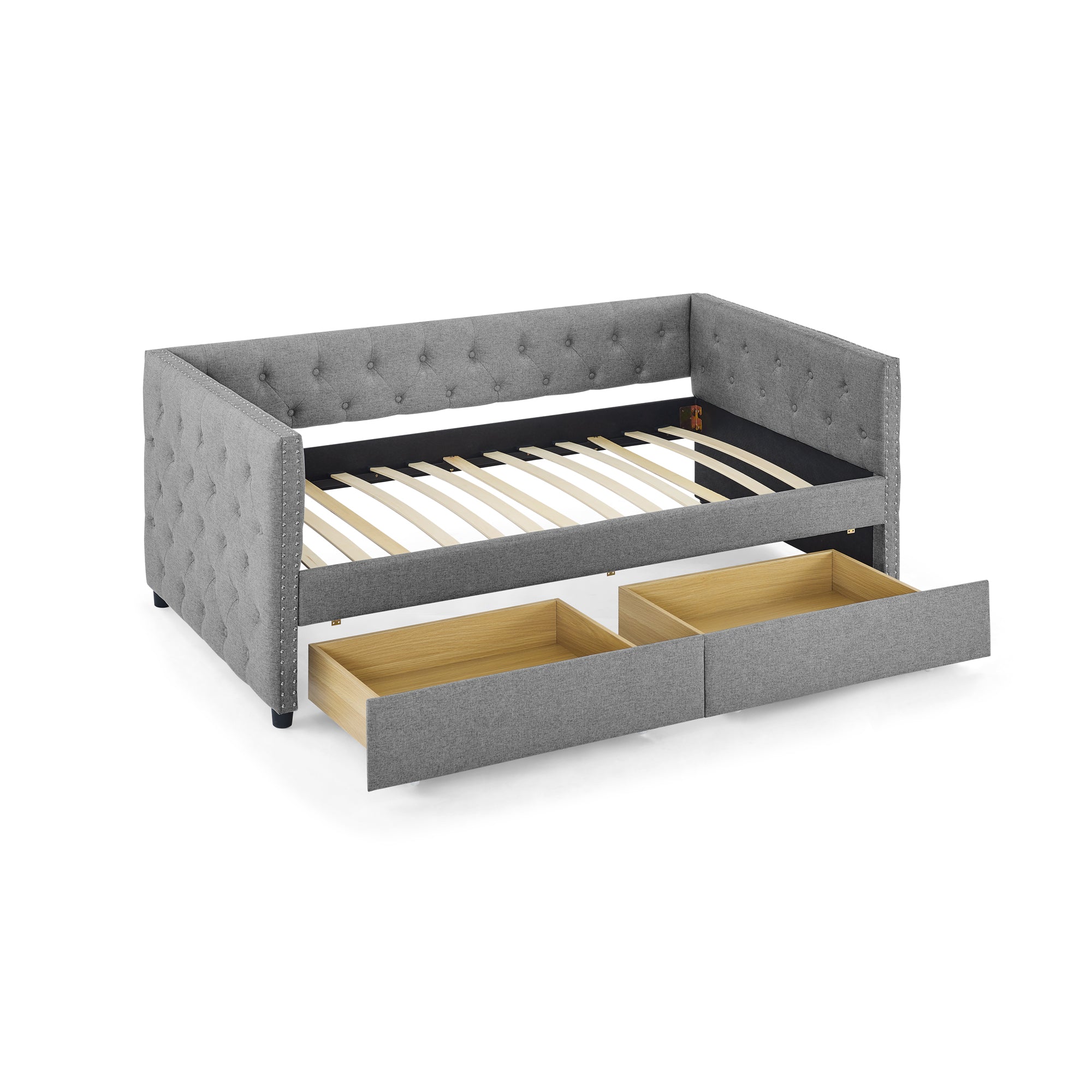 Two Drawers Upholstered Tufted Twin Size Daybed with Nail Heads- Grey_10