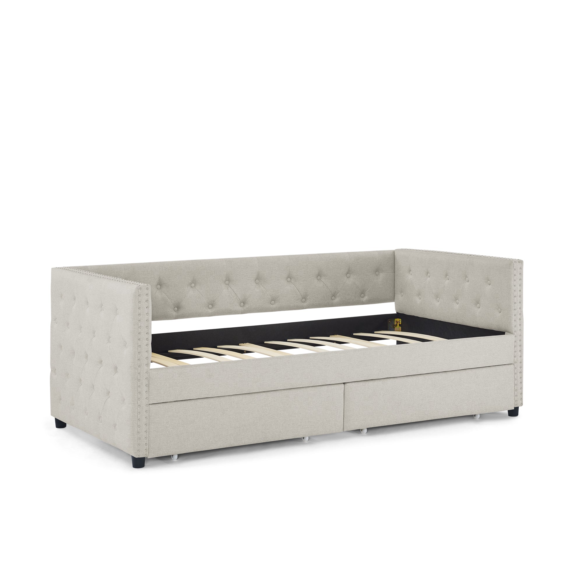 Two Drawers Upholstered Tufted Twin Size Daybed with Nail Heads- Beige_7
