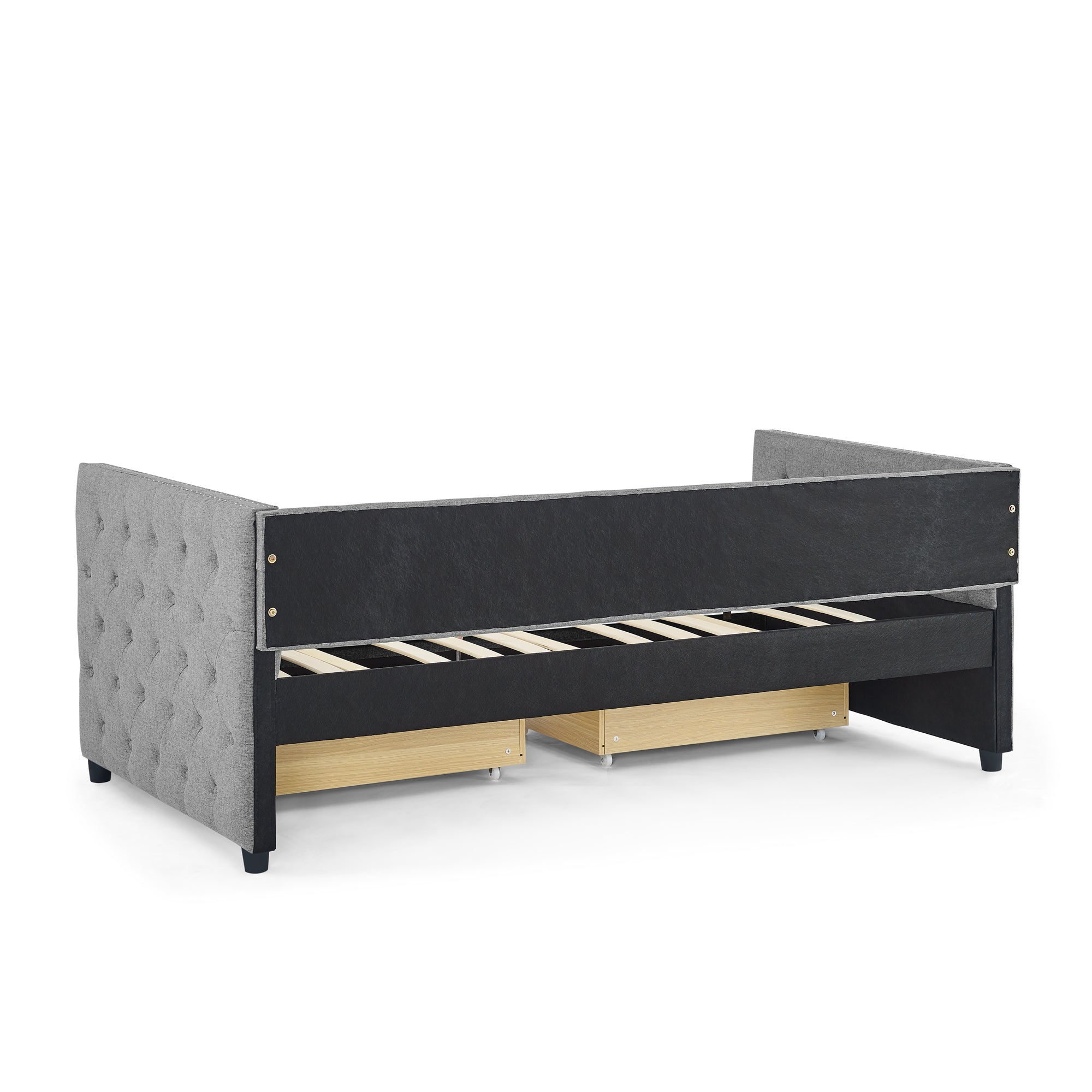 Two Drawers Upholstered Tufted Twin Size Daybed with Nail Heads- Grey_12
