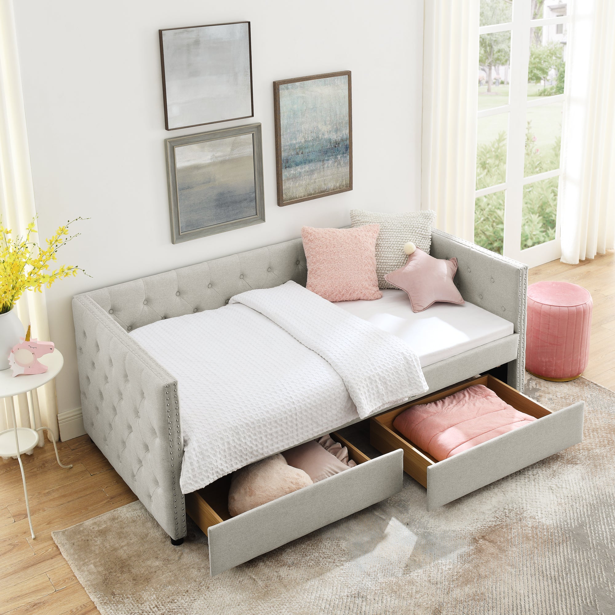 Two Drawers Upholstered Tufted Twin Size Daybed with Nail Heads- Beige_2