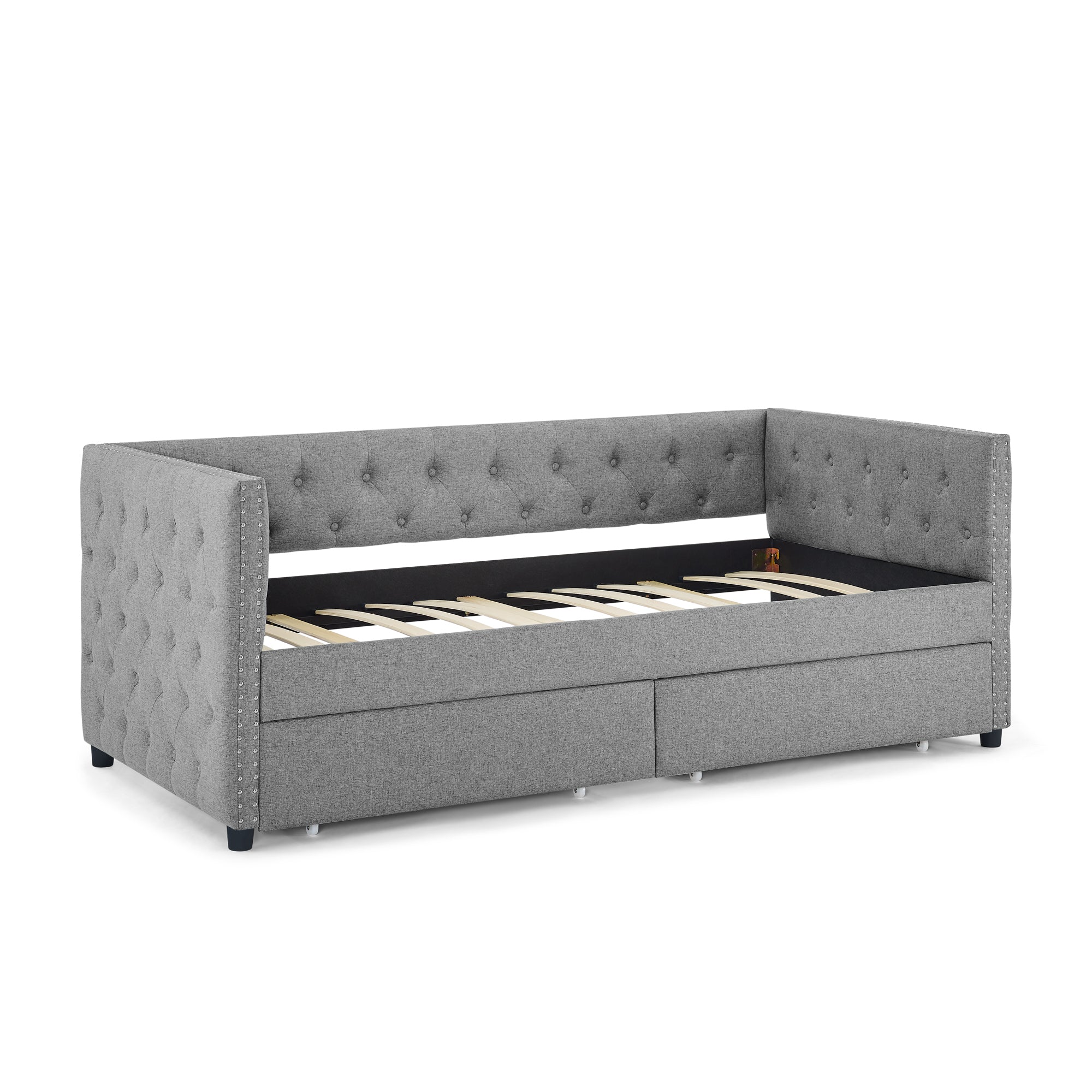 Two Drawers Upholstered Tufted Twin Size Daybed with Nail Heads- Grey_7