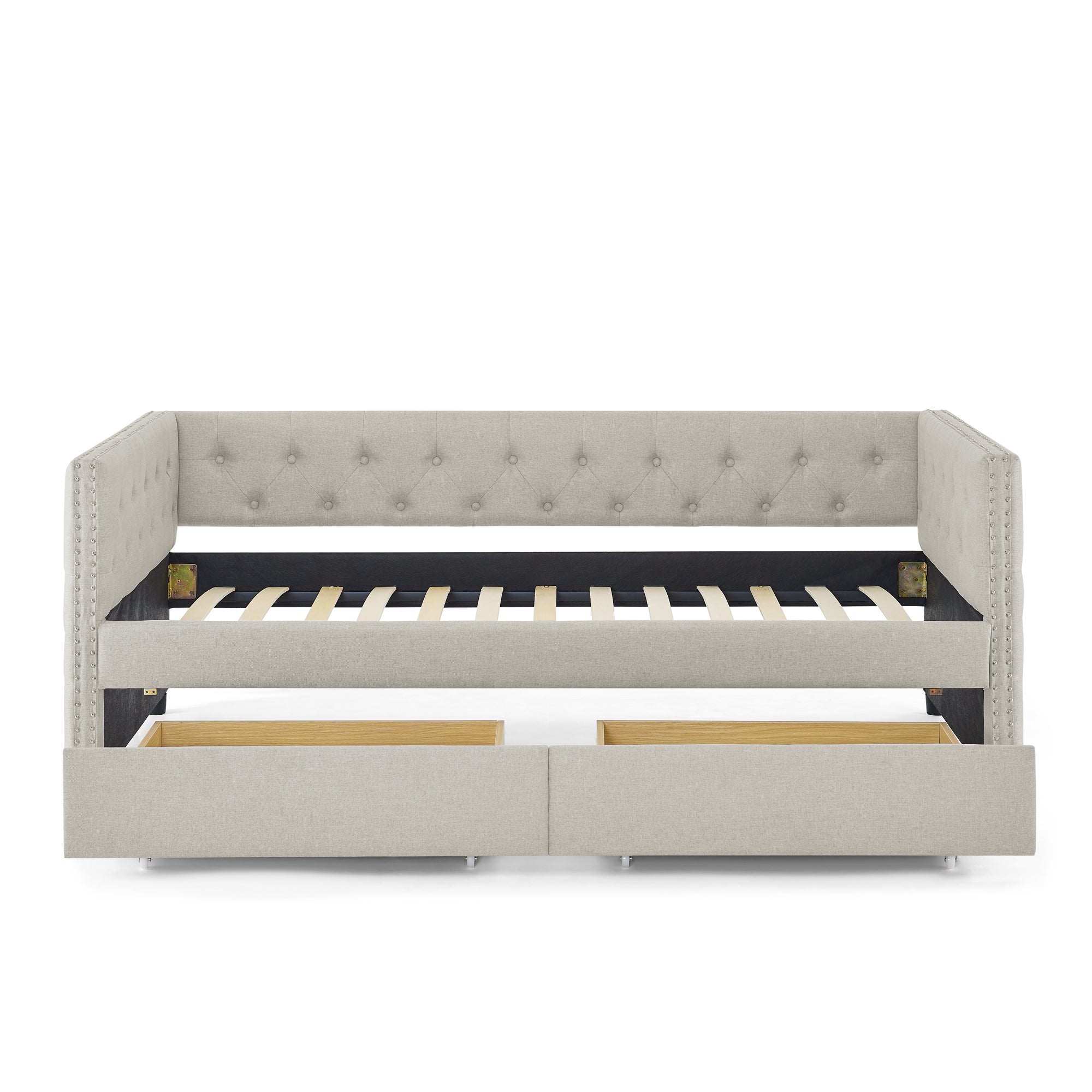 Two Drawers Upholstered Tufted Twin Size Daybed with Nail Heads- Beige_11