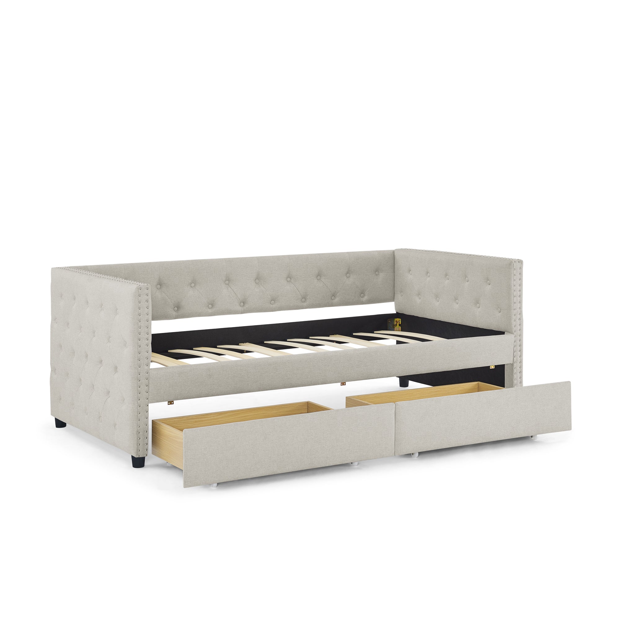 Two Drawers Upholstered Tufted Twin Size Daybed with Nail Heads- Beige_9