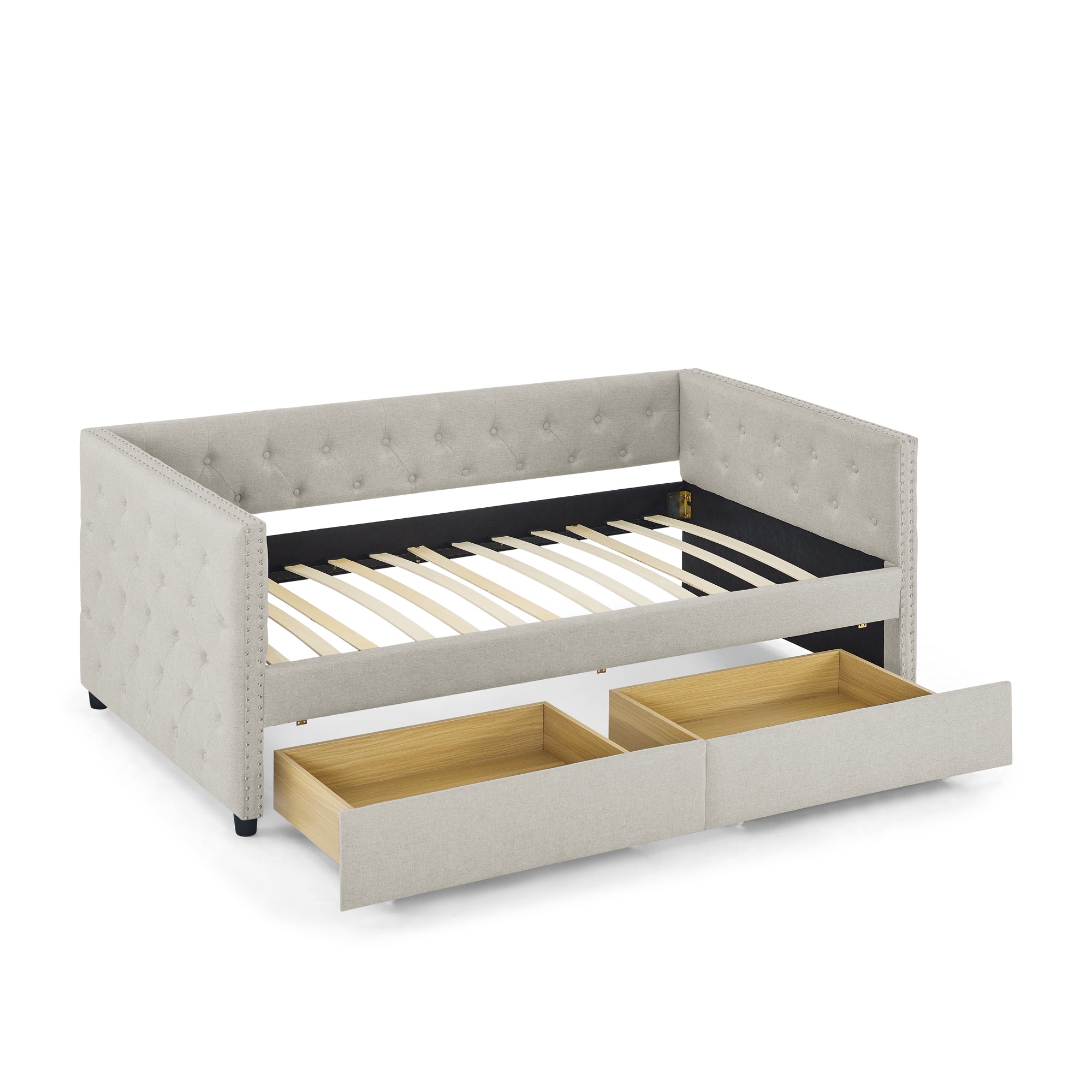 Two Drawers Upholstered Tufted Twin Size Daybed with Nail Heads- Beige_10