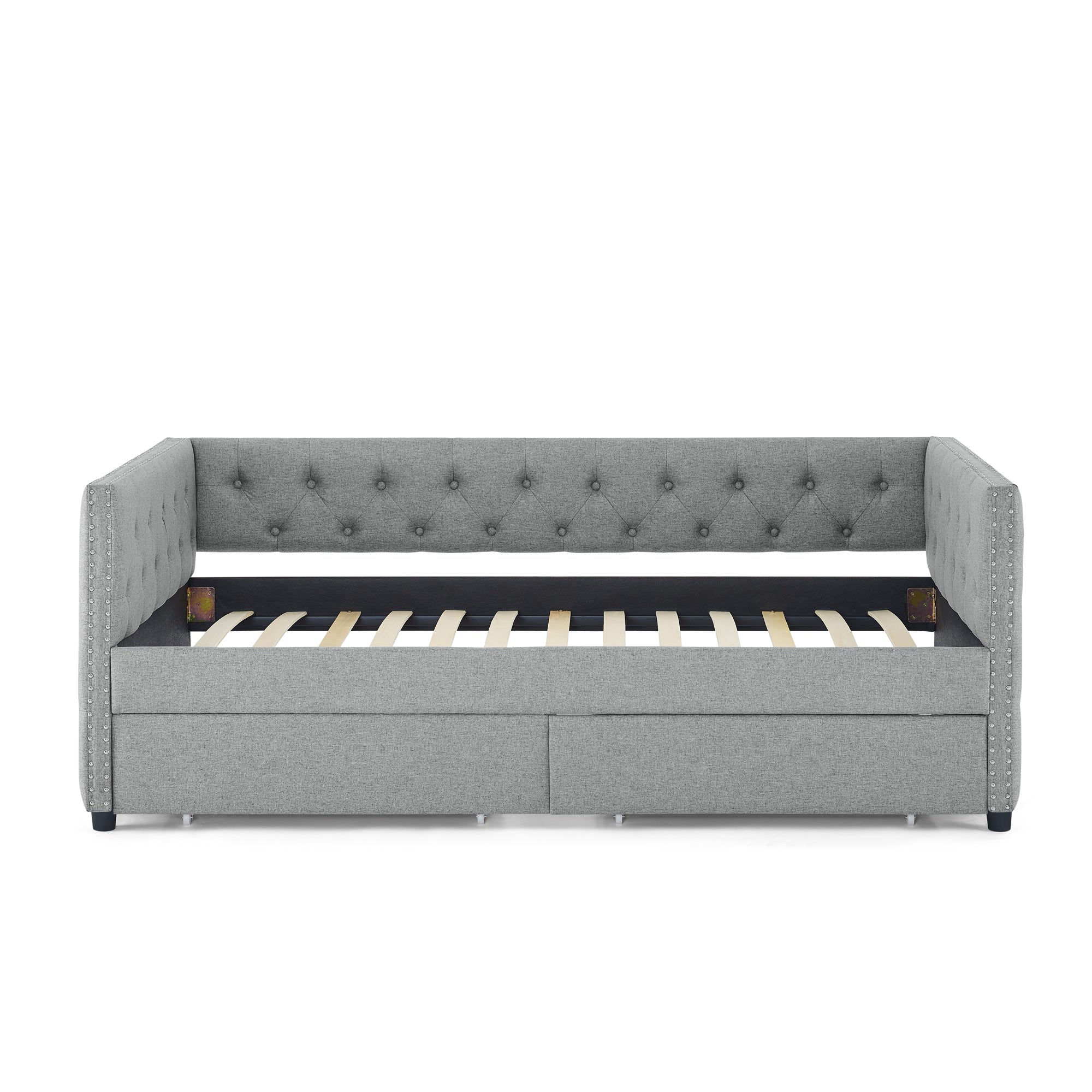 Two Drawers Upholstered Tufted Twin Size Daybed with Nail Heads- Grey_6