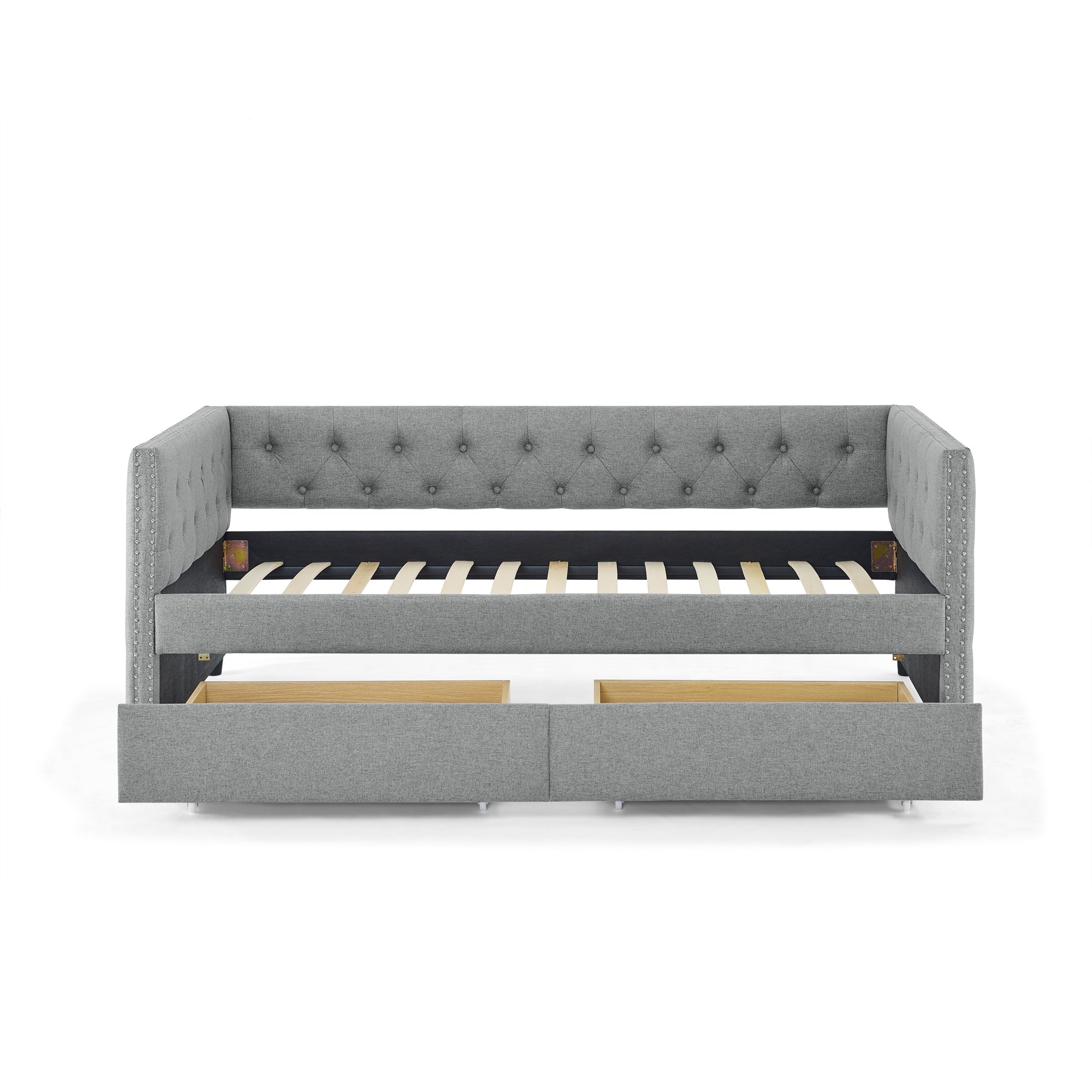 Two Drawers Upholstered Tufted Twin Size Daybed with Nail Heads- Grey_9