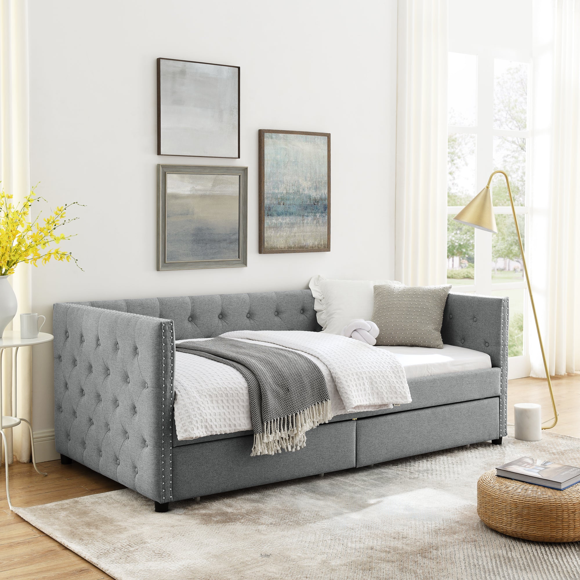 Two Drawers Upholstered Tufted Twin Size Daybed with Nail Heads- Grey_3