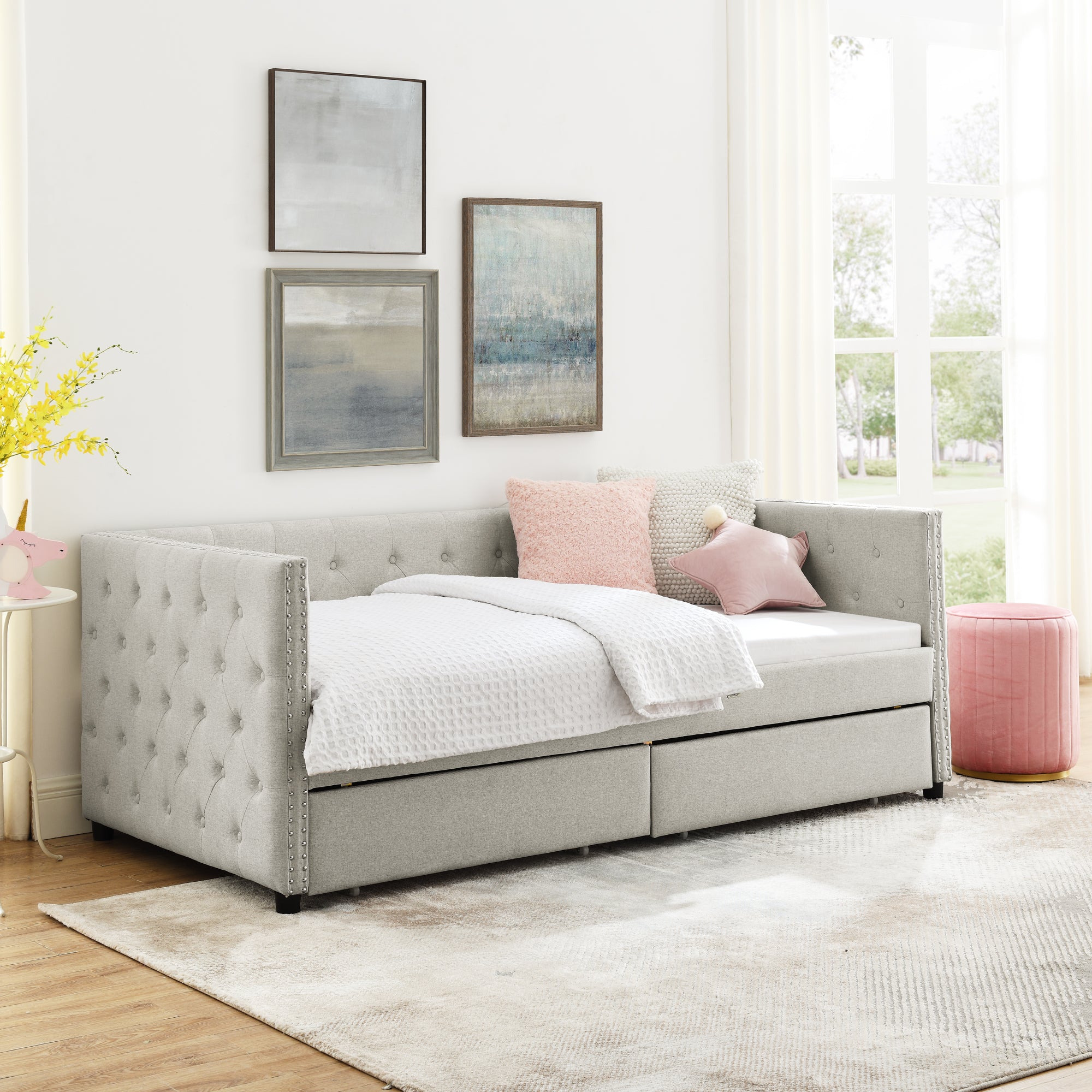 Two Drawers Upholstered Tufted Twin Size Daybed with Nail Heads- Beige_3