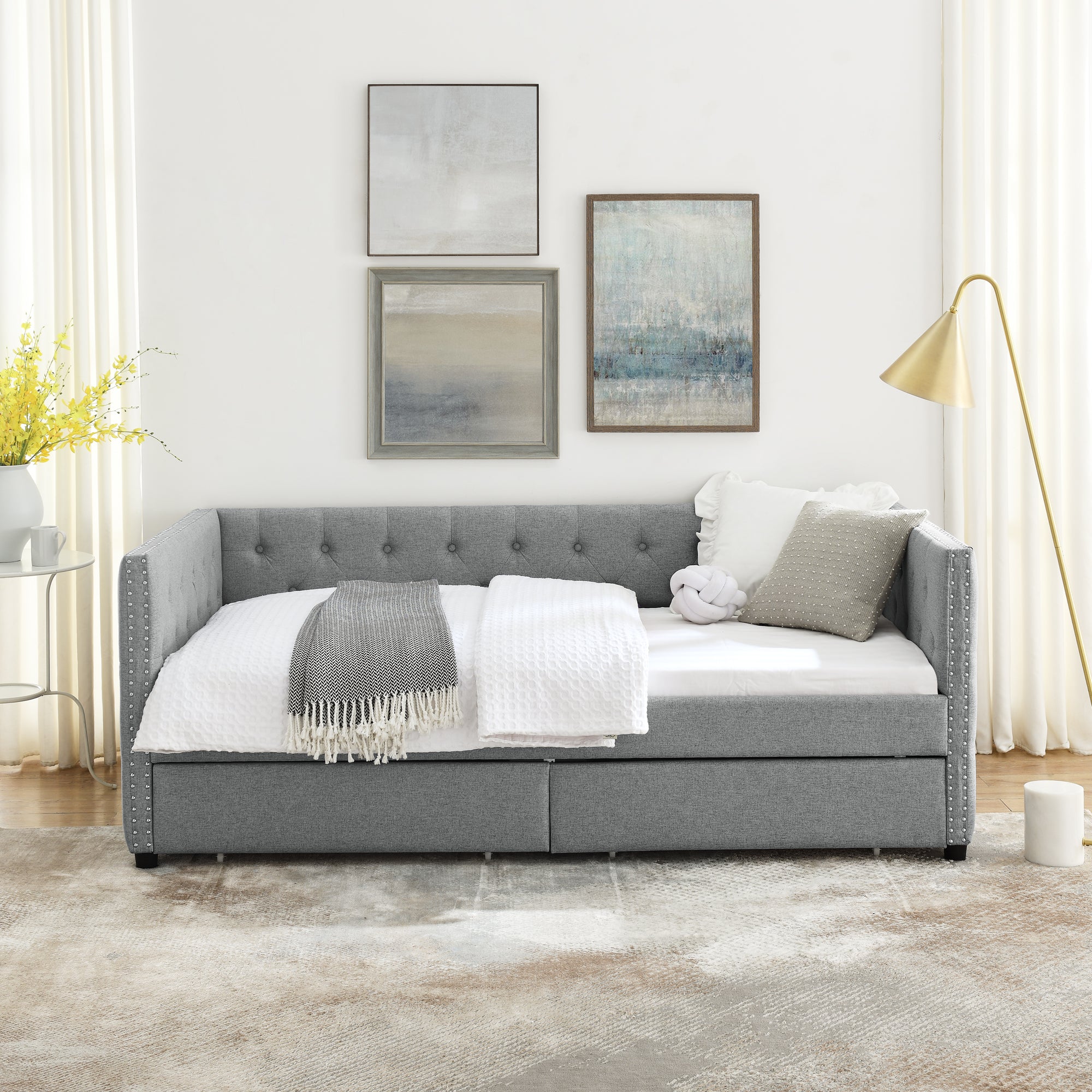 Two Drawers Upholstered Tufted Twin Size Daybed with Nail Heads- Grey_4