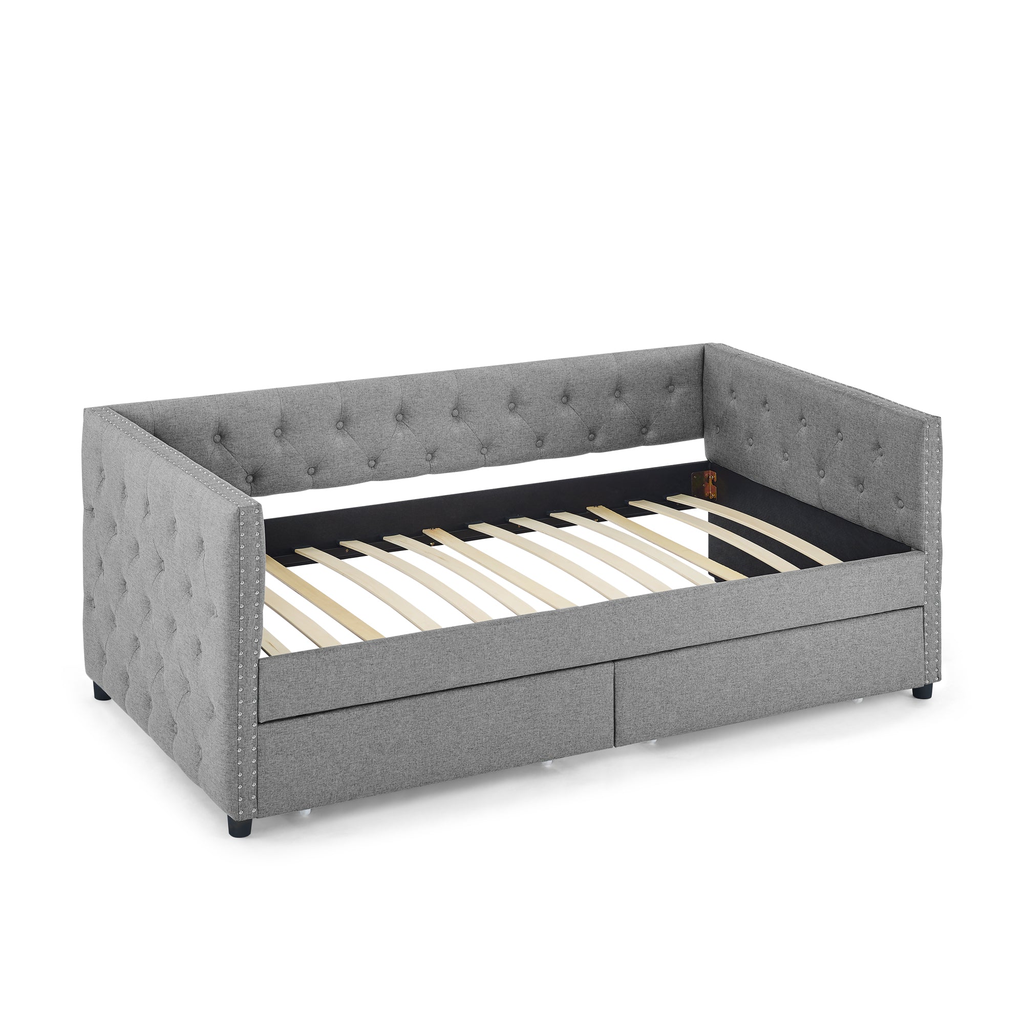 Two Drawers Upholstered Tufted Twin Size Daybed with Nail Heads- Grey_8
