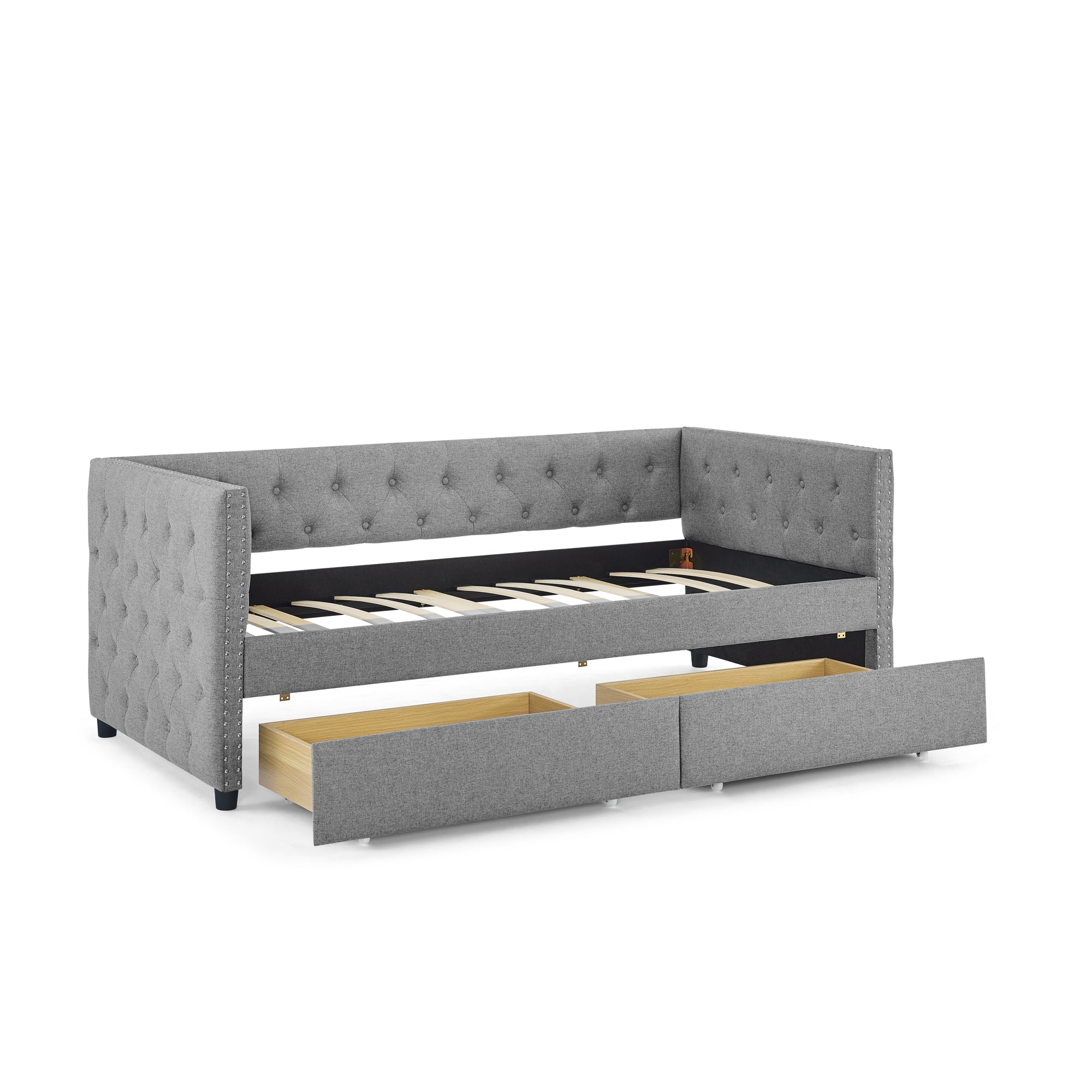 Two Drawers Upholstered Tufted Twin Size Daybed with Nail Heads- Grey_11