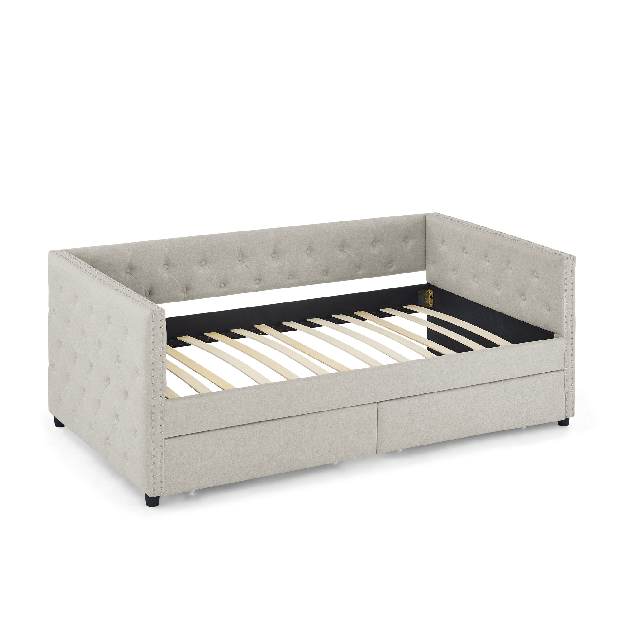 Two Drawers Upholstered Tufted Twin Size Daybed with Nail Heads- Beige_8