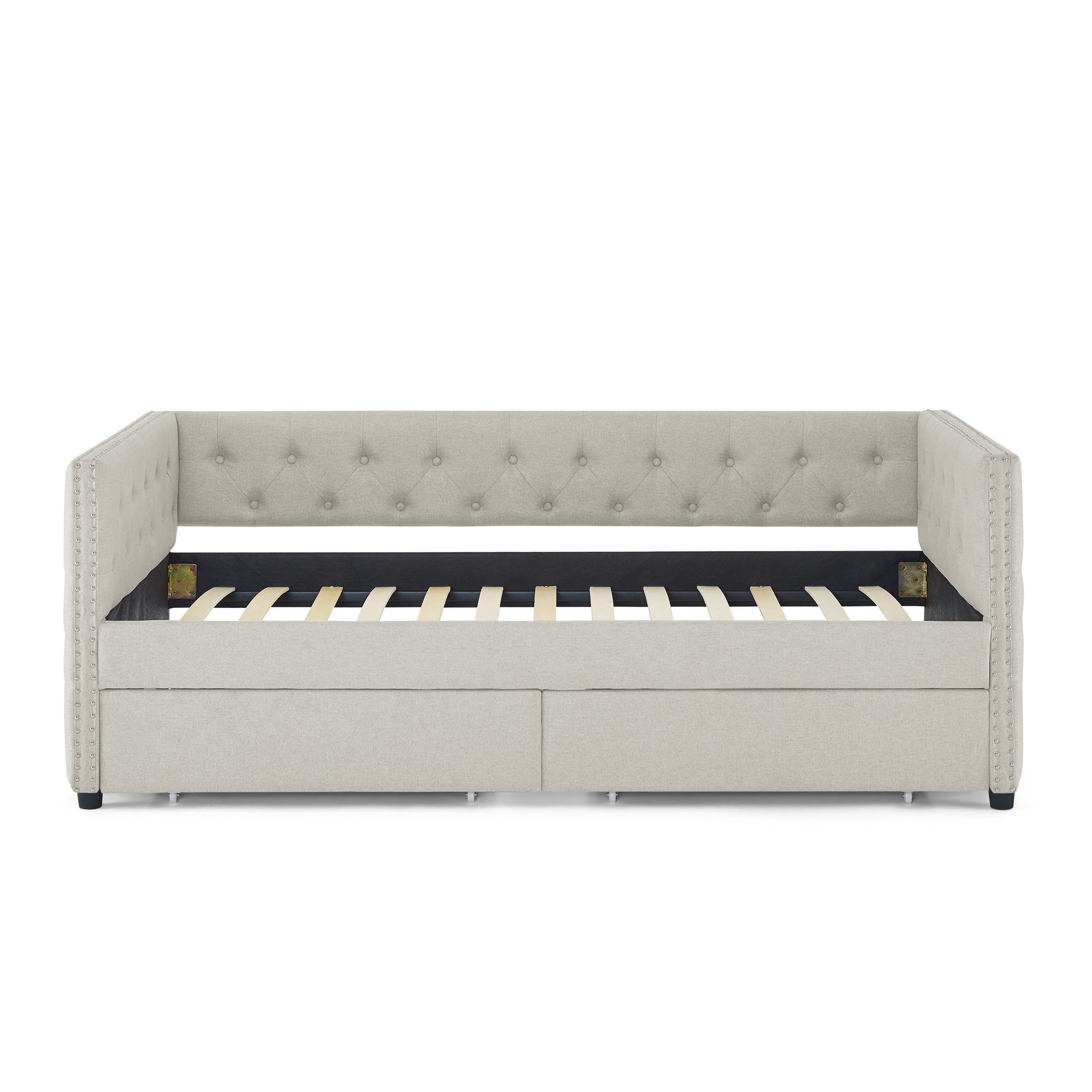 Two Drawers Upholstered Tufted Twin Size Daybed with Nail Heads- Beige_6