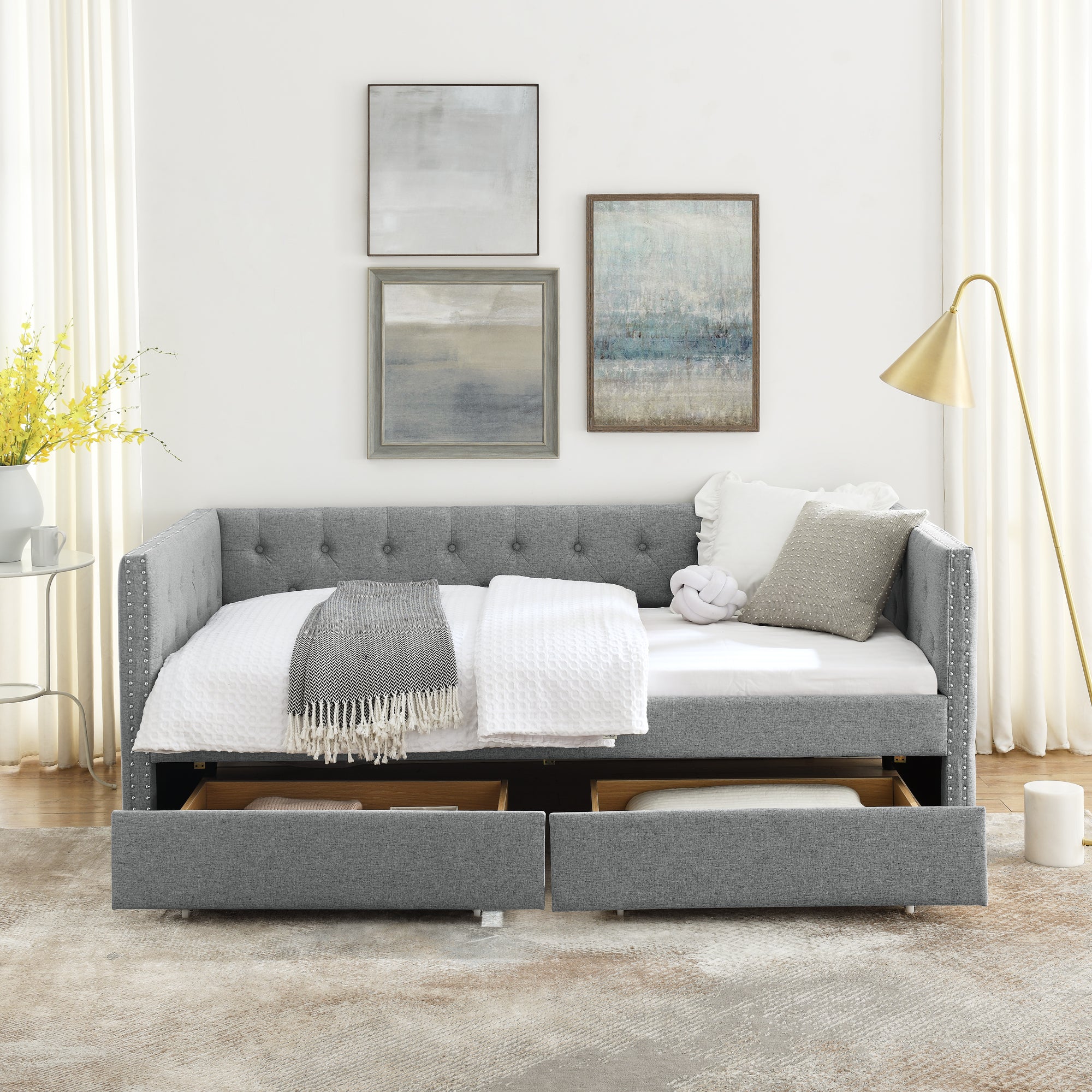 Two Drawers Upholstered Tufted Twin Size Daybed with Nail Heads- Grey_5