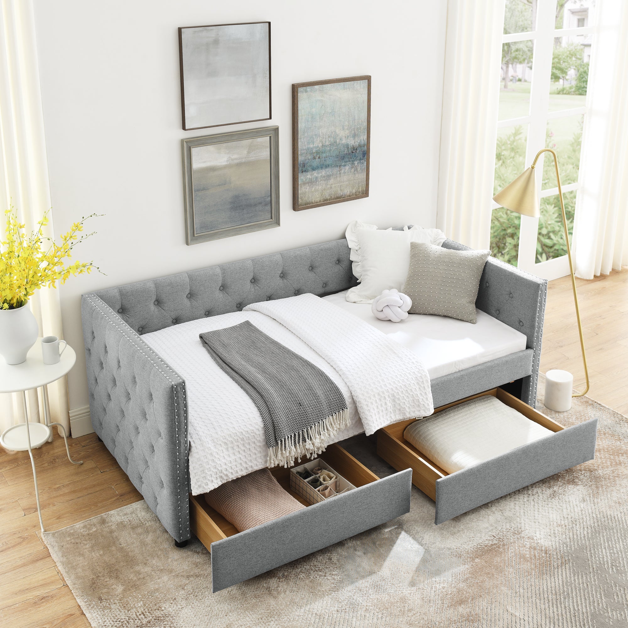 Two Drawers Upholstered Tufted Twin Size Daybed with Nail Heads- Grey_2