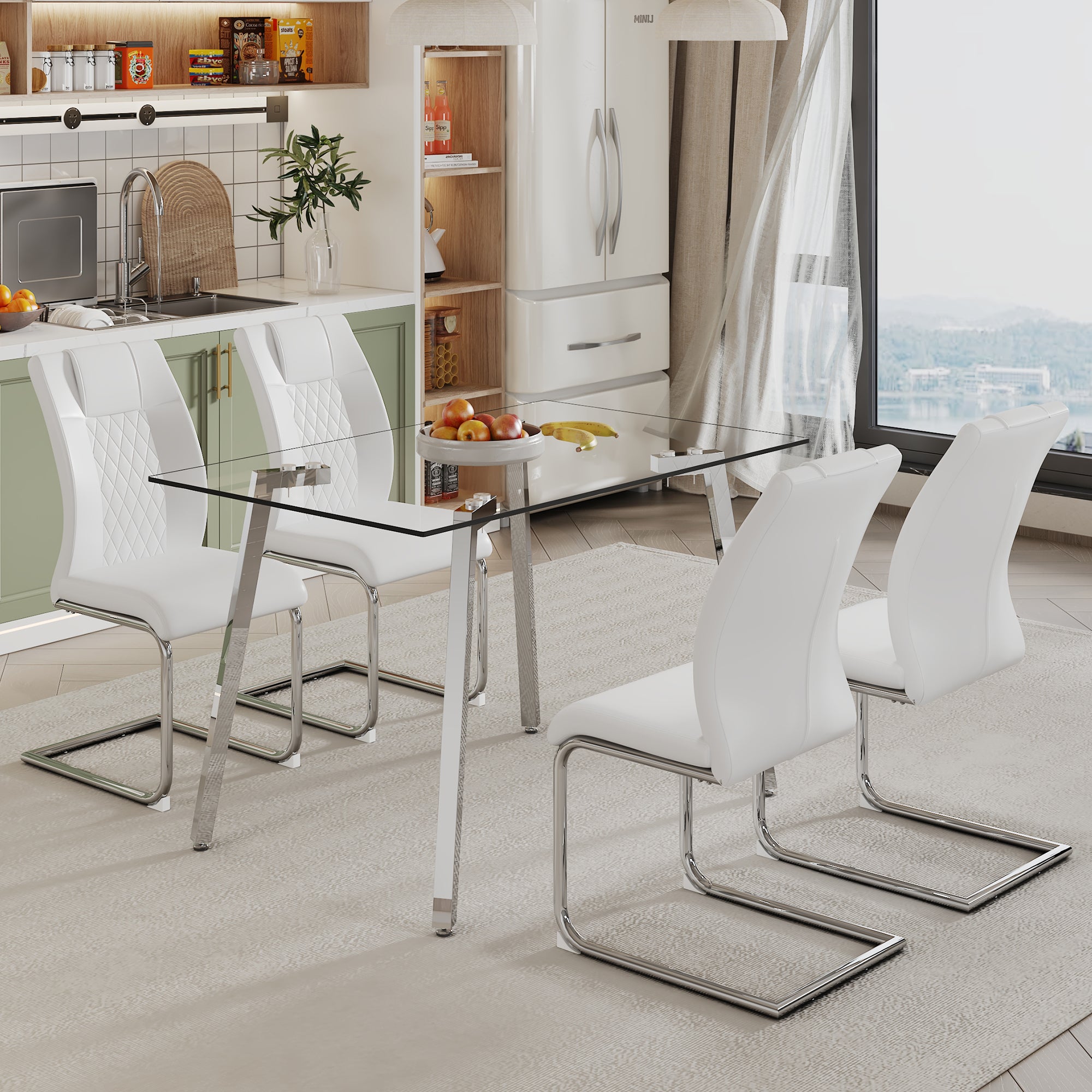 Glass Dining Table and Chair Set- 4 Curved White Dining Chairs and 1 Dining Table_3