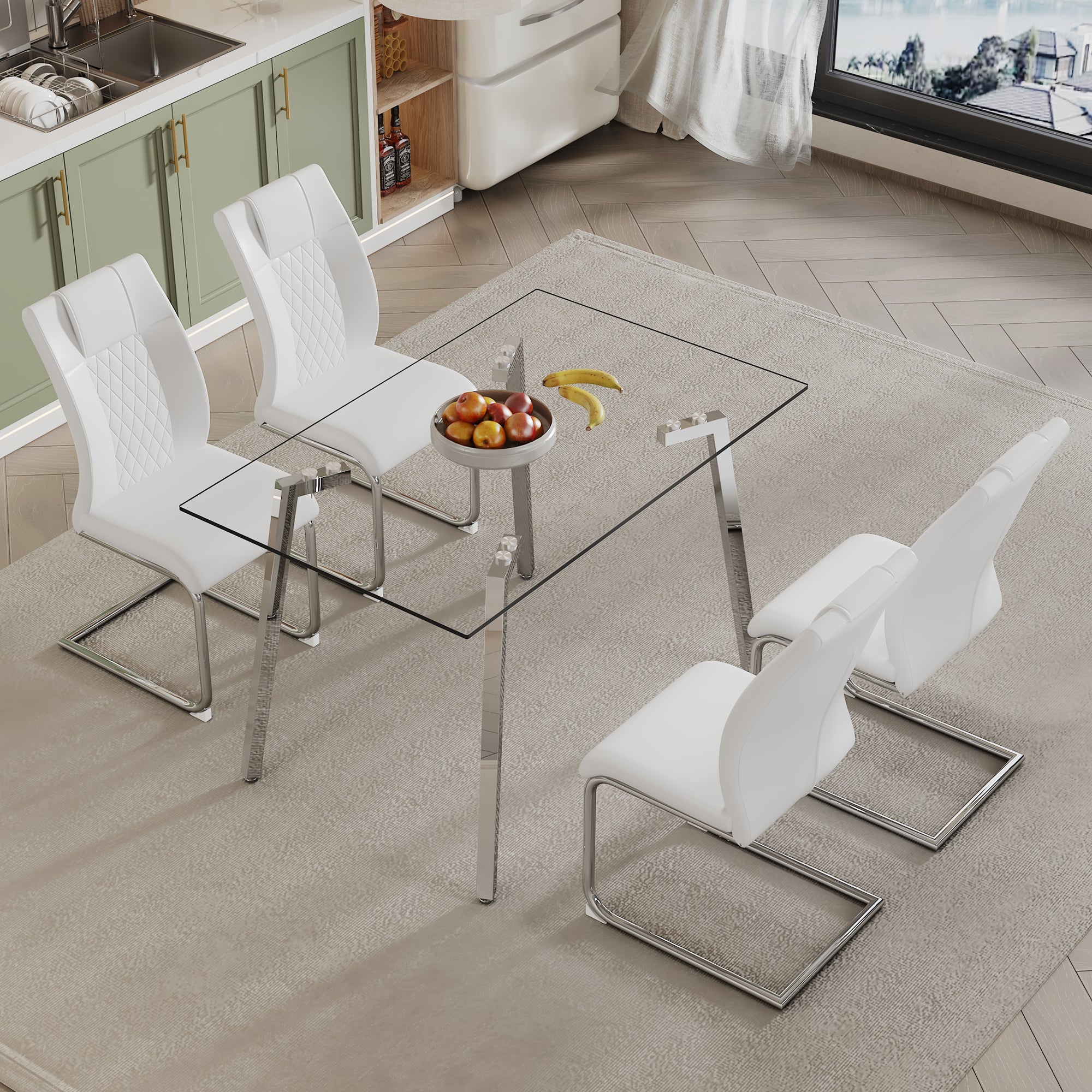 Glass Dining Table and Chair Set- 4 Curved White Dining Chairs and 1 Dining Table_2