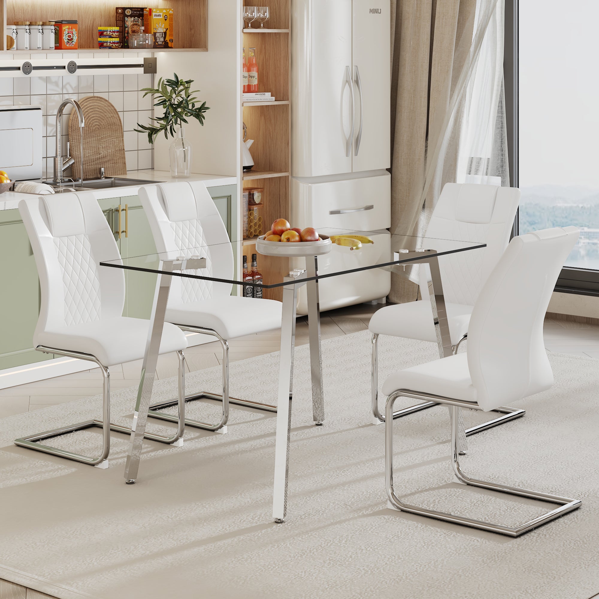 Glass Dining Table and Chair Set- 4 Curved White Dining Chairs and 1 Dining Table_4