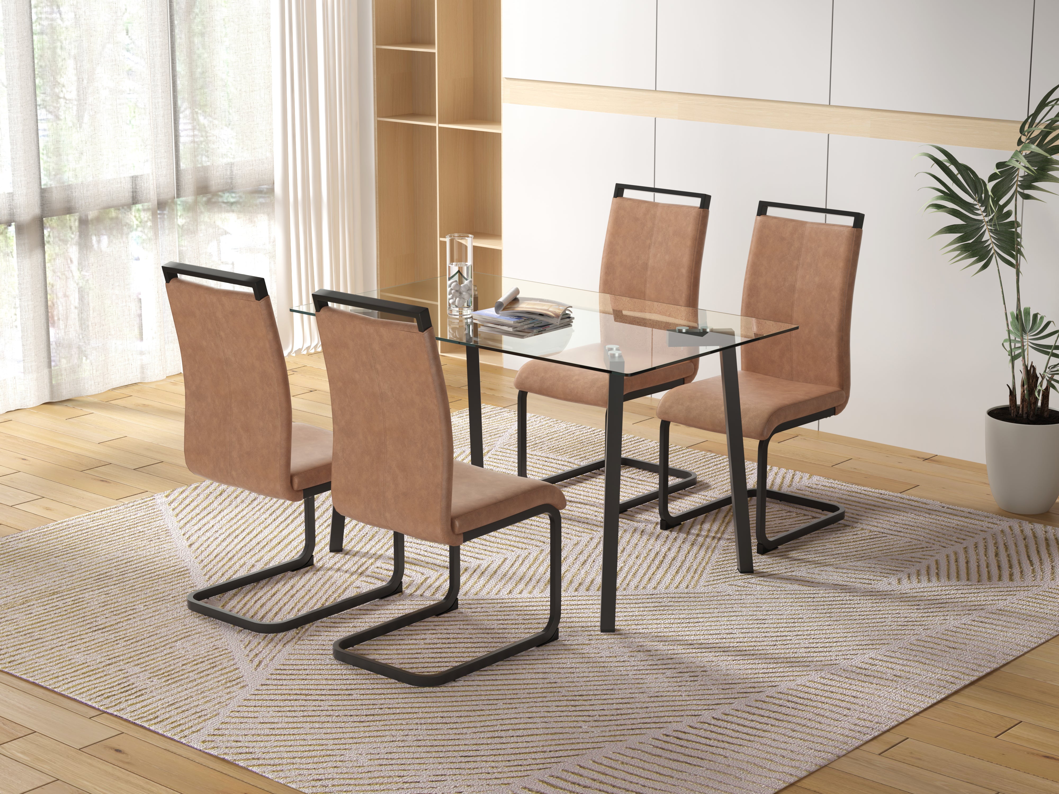 Glass Dining Set- 4 Brown PU Leather Dining Chairs with Slit and 1 Dining Table_2
