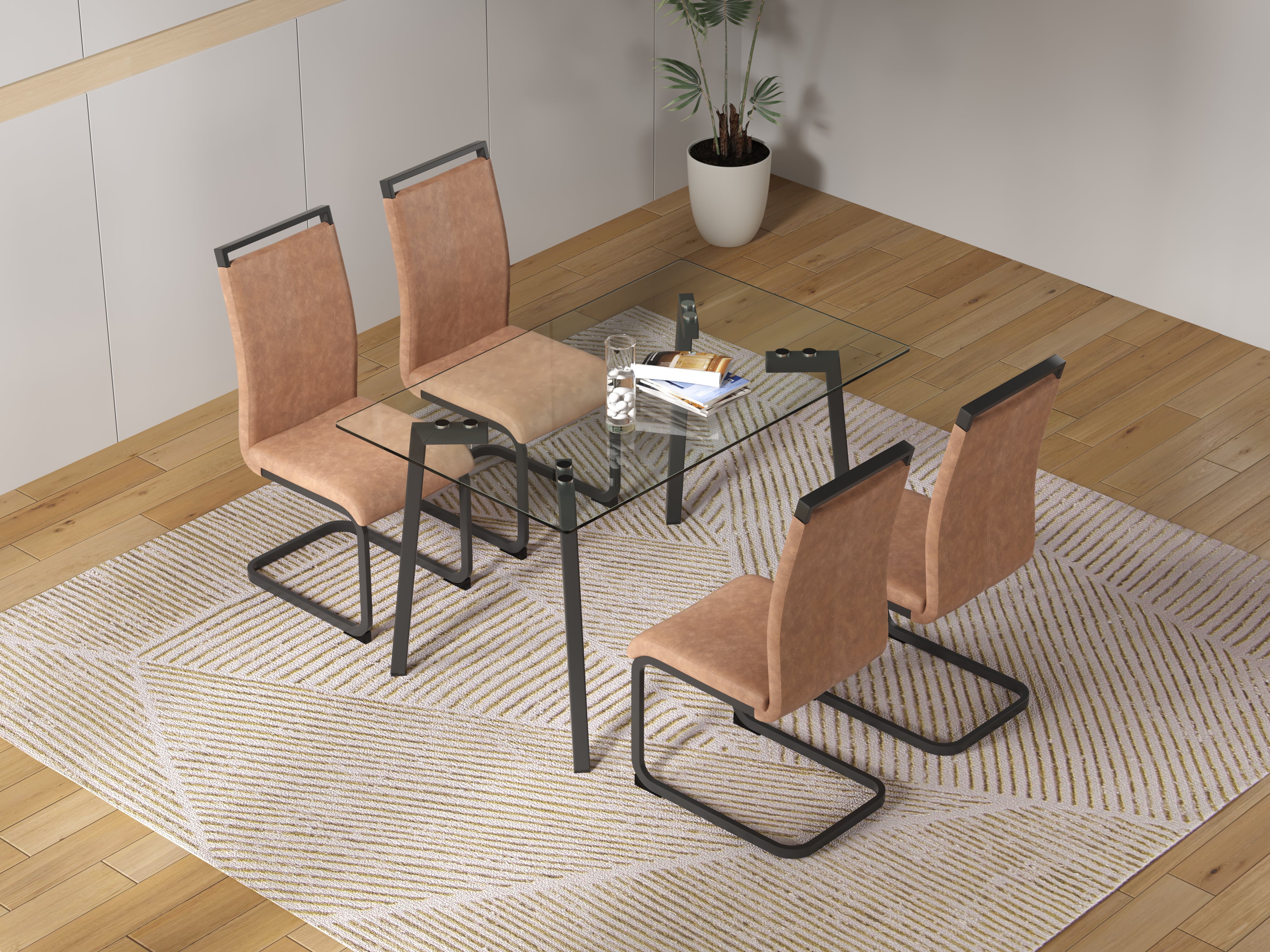 Glass Dining Set- 4 Brown PU Leather Dining Chairs with Slit and 1 Dining Table_1