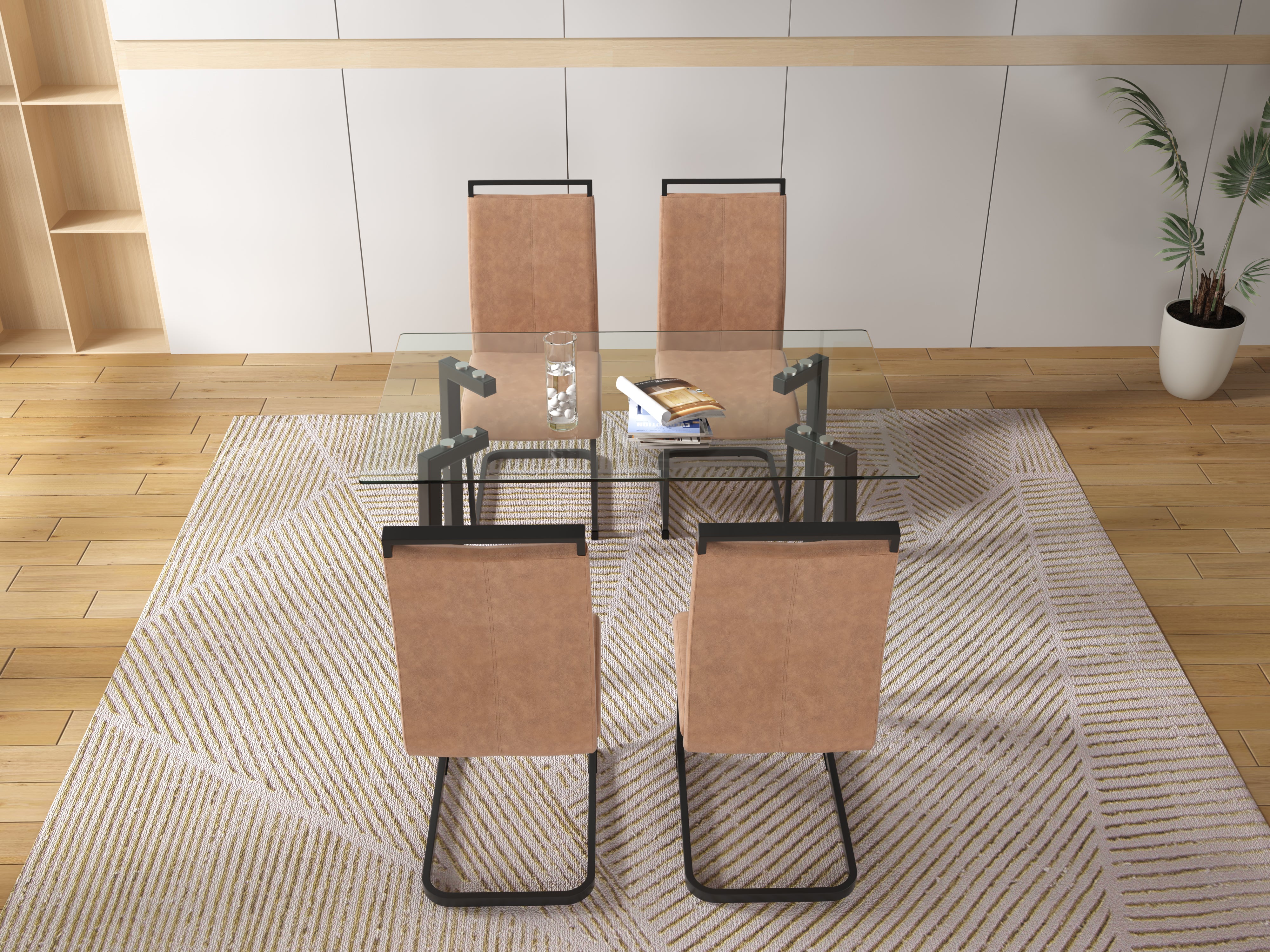 Glass Dining Set- 4 Brown PU Leather Dining Chairs with Slit and 1 Dining Table_4