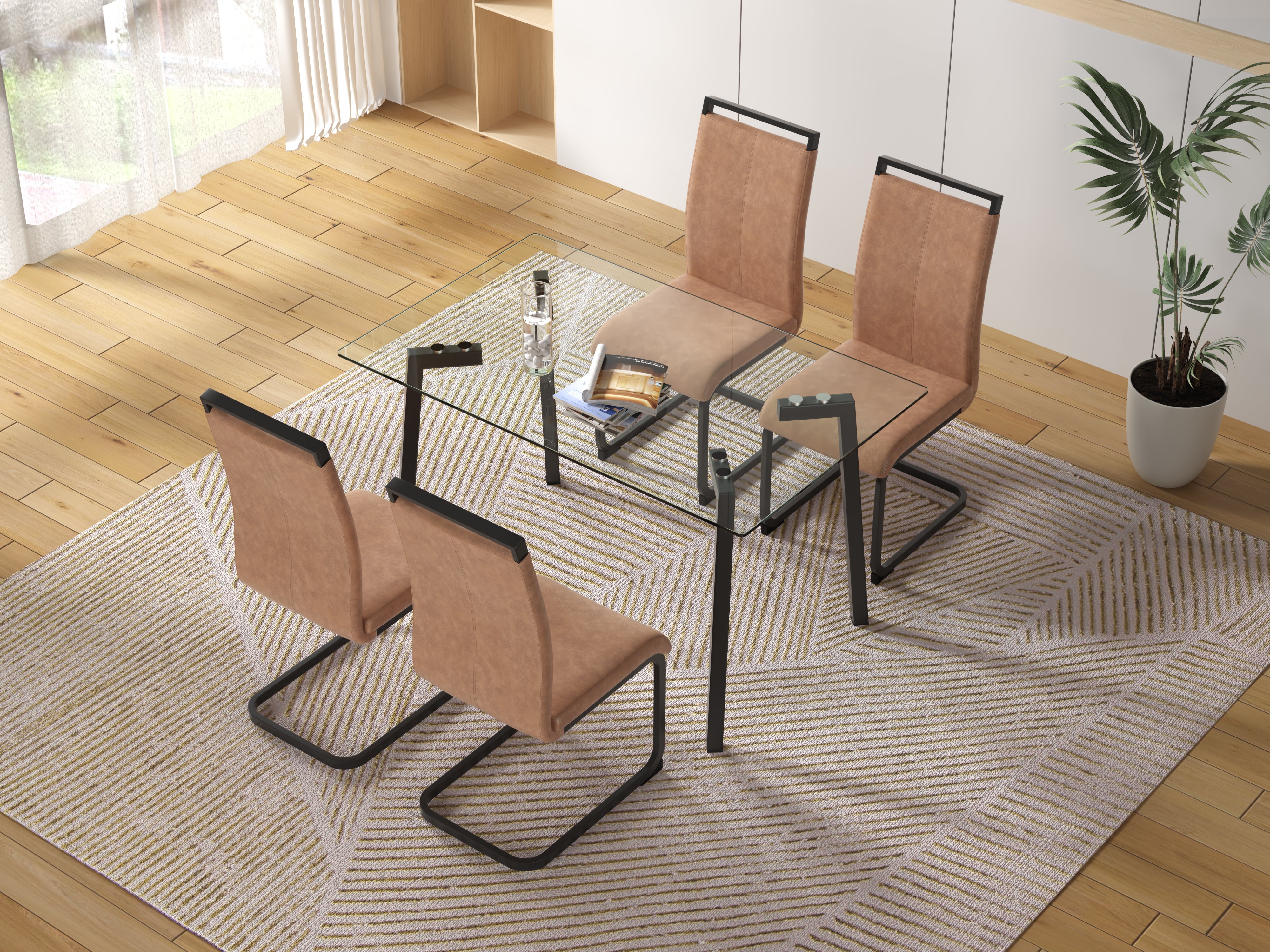 Glass Dining Set- 4 Brown PU Leather Dining Chairs with Slit and 1 Dining Table_3