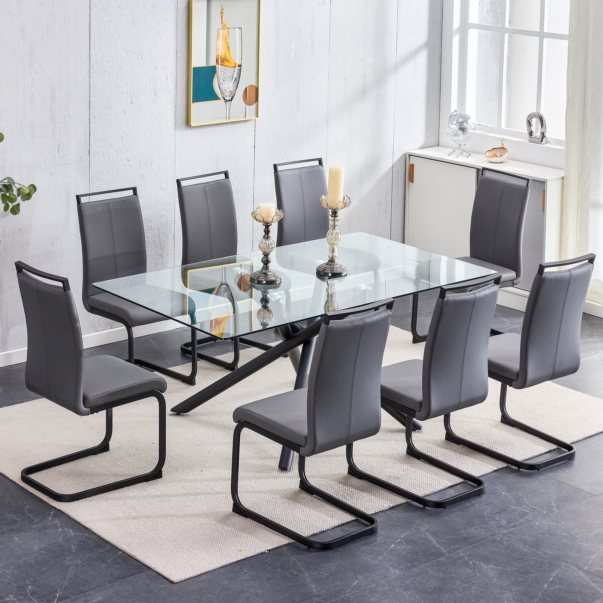 6-8 Seater Large Modern Minimalist Rectangular Glass Tabletop with Black Metal Legs_3