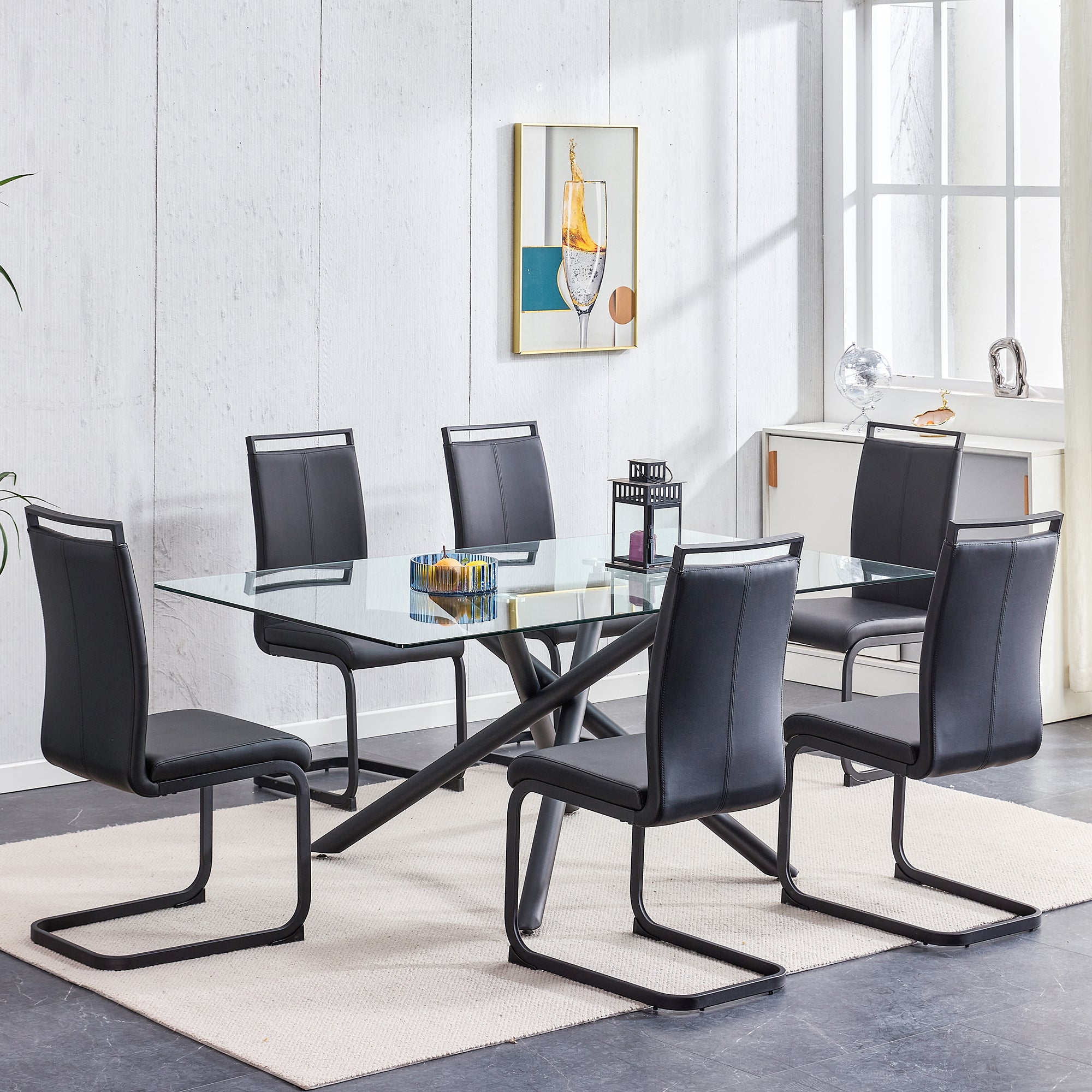 6-8 Seater Large Modern Minimalist Rectangular Glass Tabletop with Black Metal Legs_4