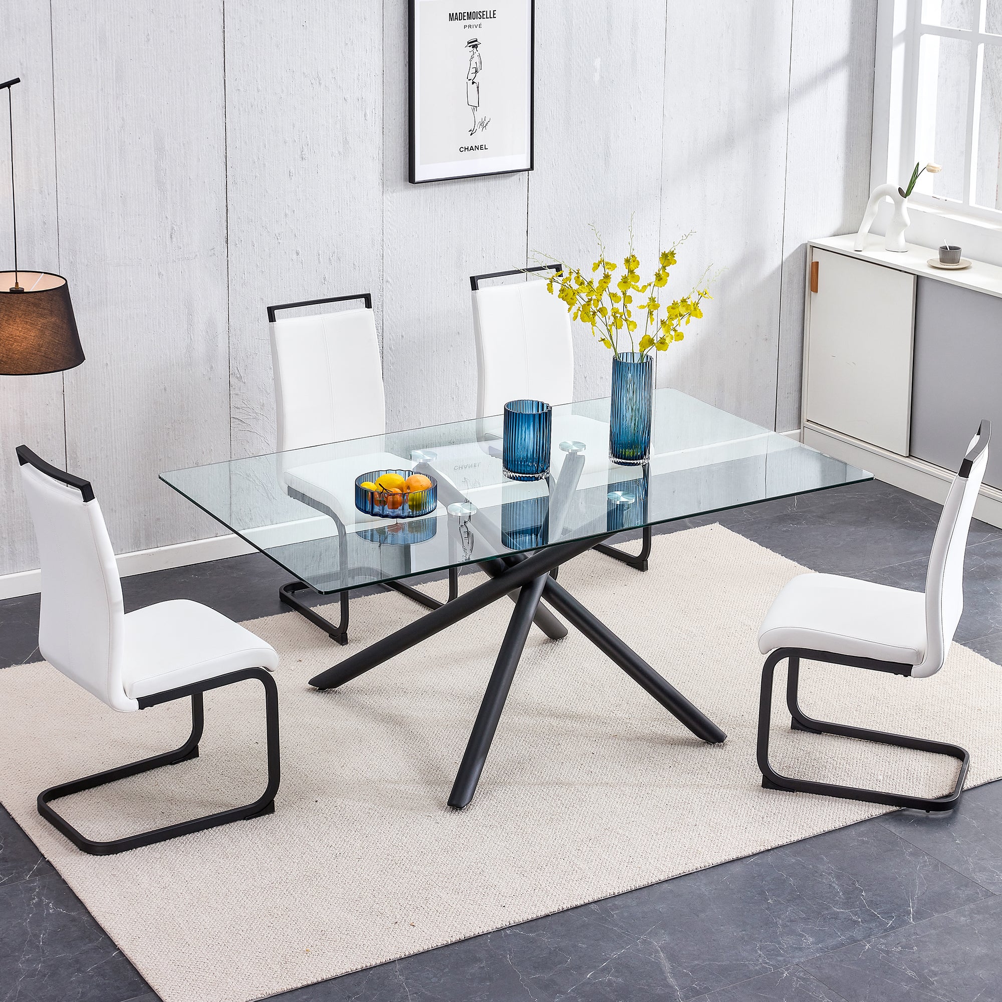 6-8 Seater Large Modern Minimalist Rectangular Glass Tabletop with Black Metal Legs_5