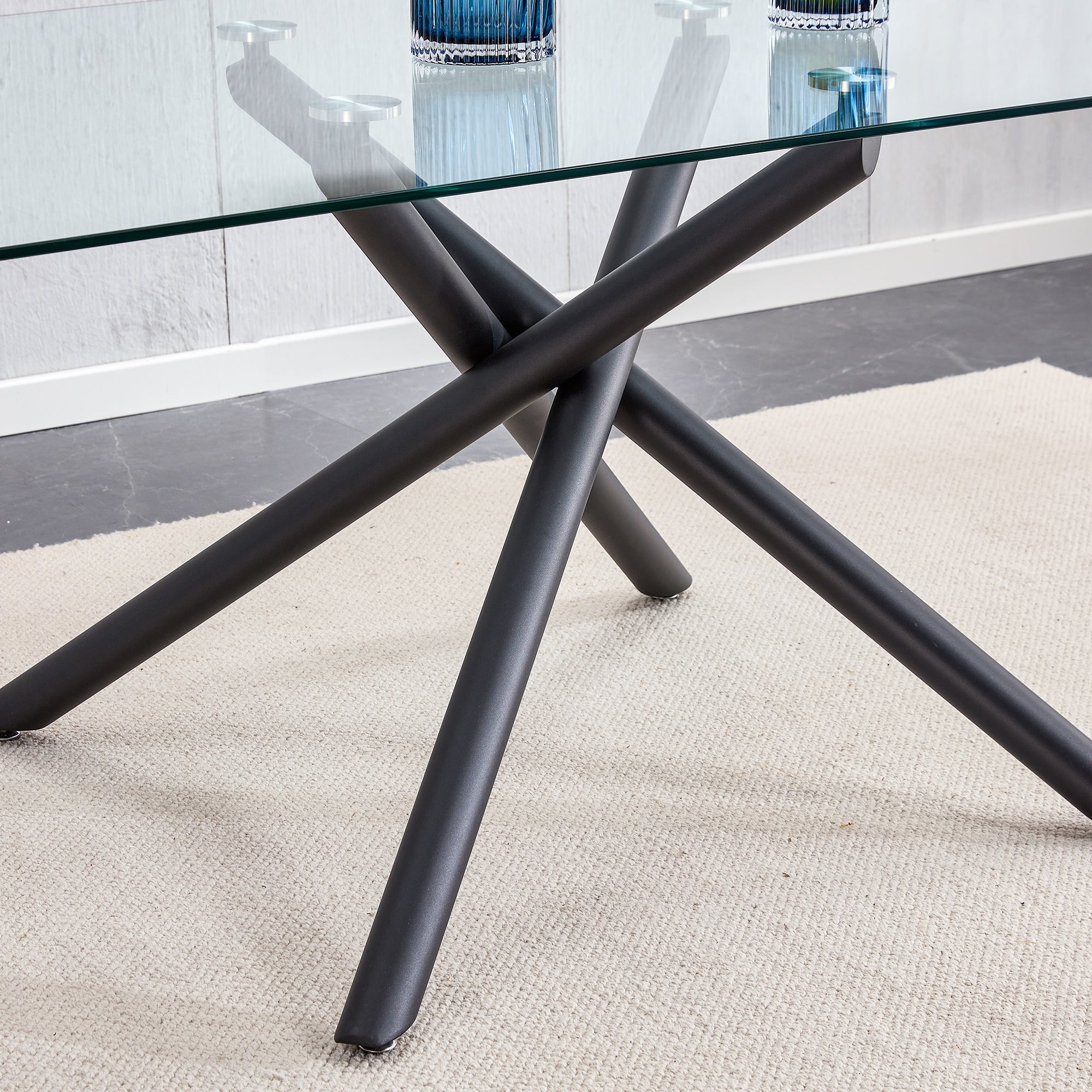 6-8 Seater Large Modern Minimalist Rectangular Glass Tabletop with Black Metal Legs_15