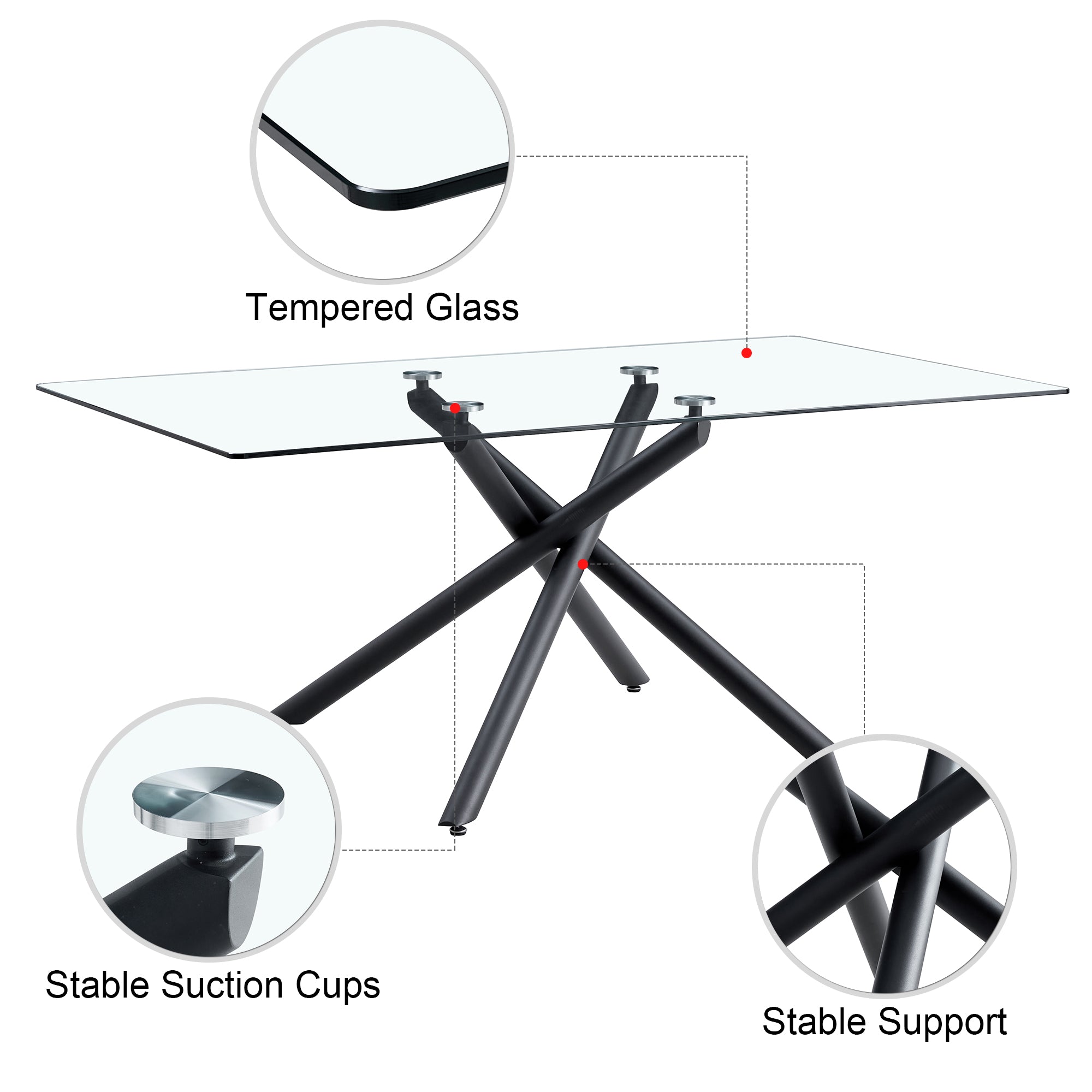6-8 Seater Large Modern Minimalist Rectangular Glass Tabletop with Black Metal Legs_12