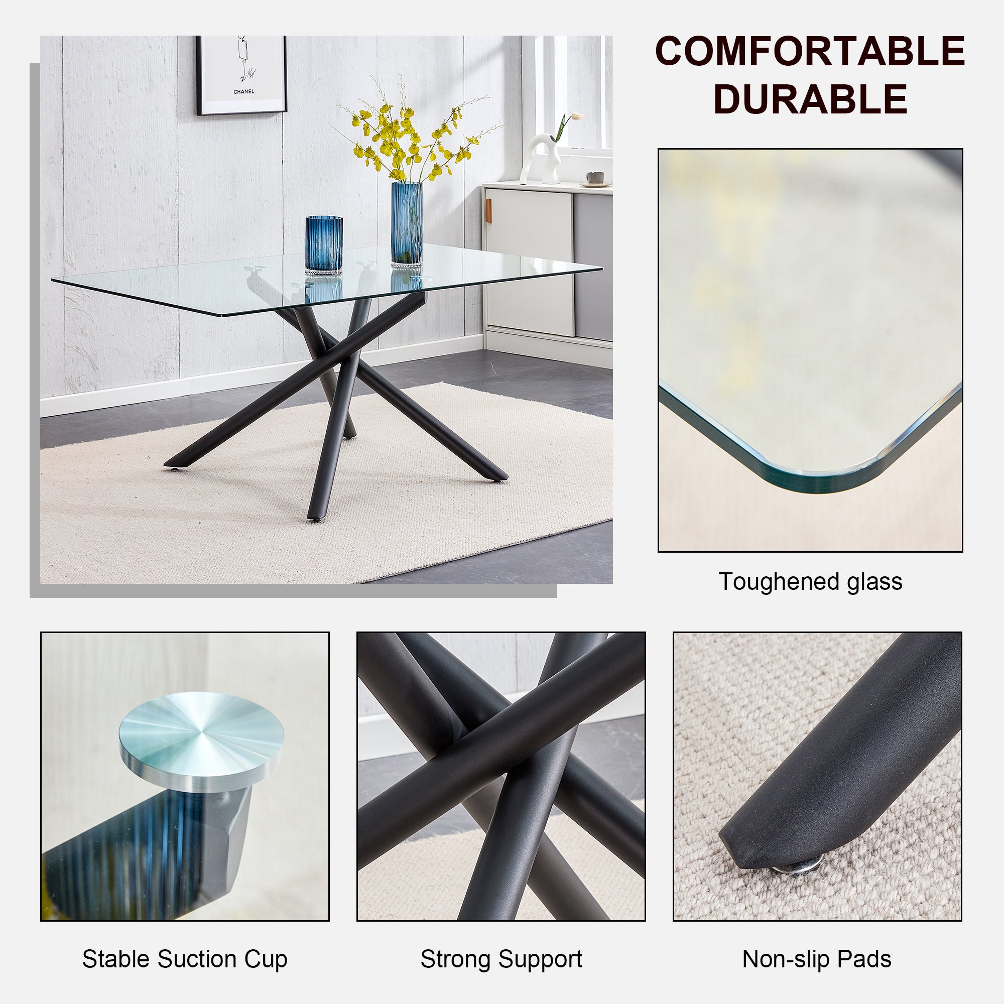 6-8 Seater Large Modern Minimalist Rectangular Glass Tabletop with Black Metal Legs_9