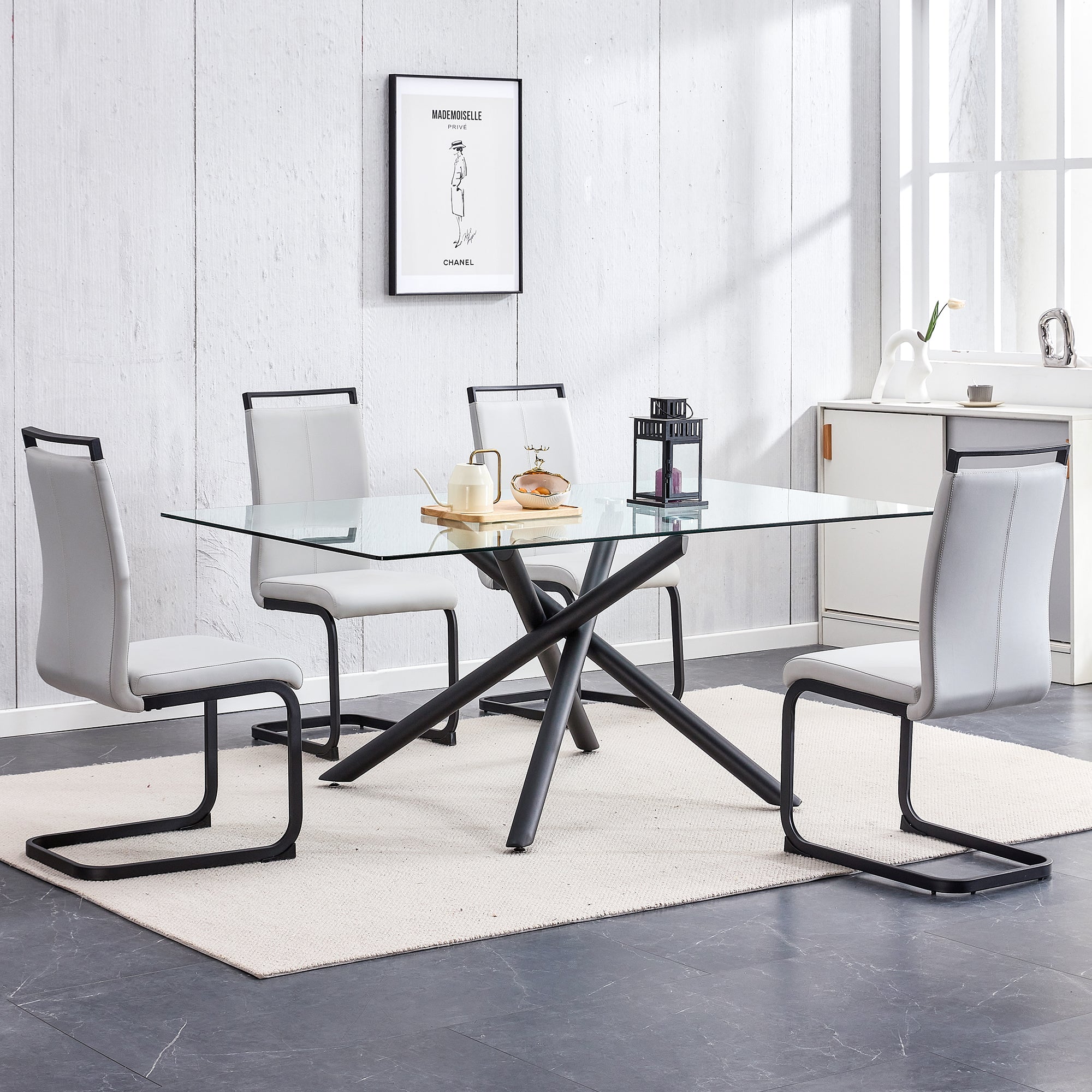 6-8 Seater Large Modern Minimalist Rectangular Glass Tabletop with Black Metal Legs_6