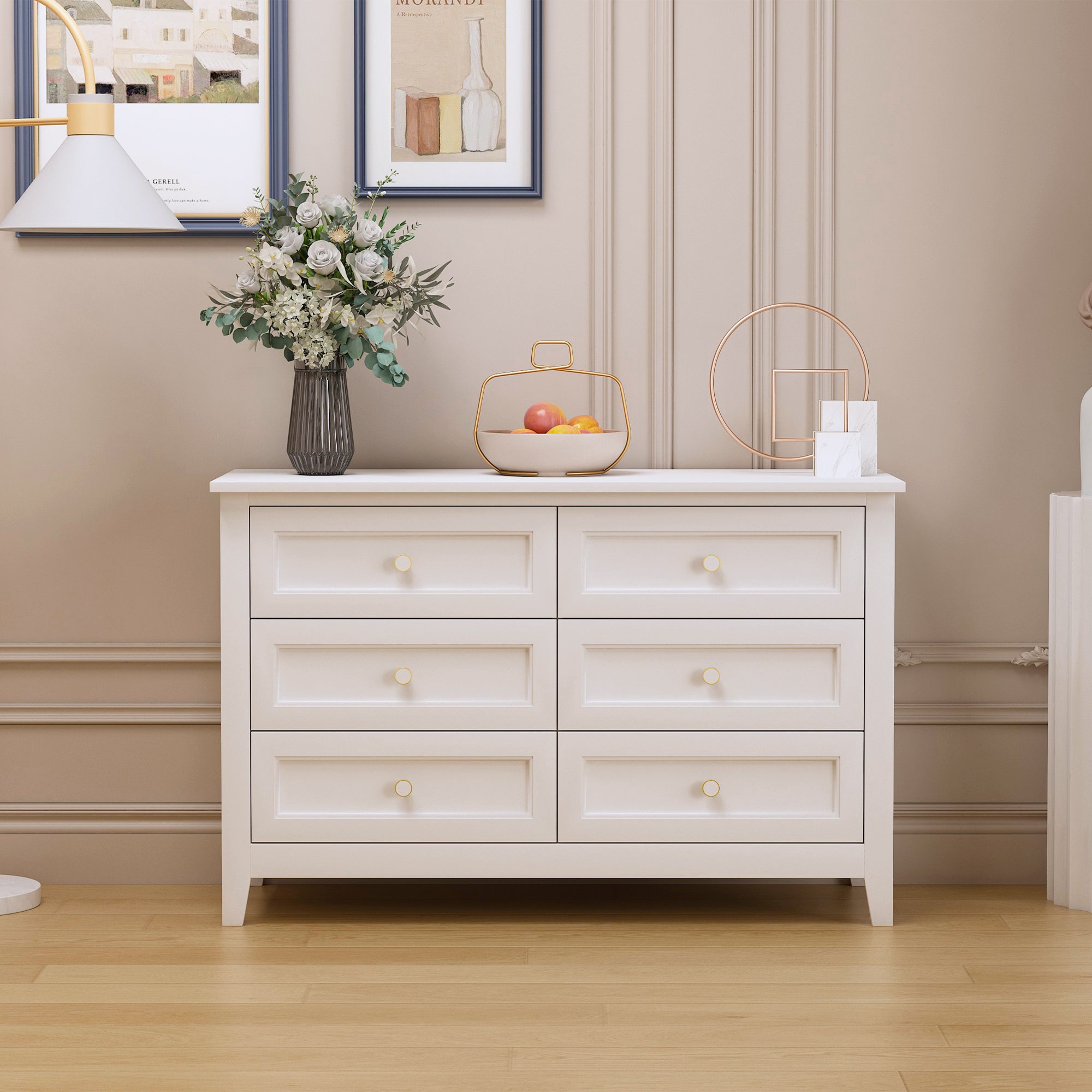 6 Drawers Wood Accent Stylish Dresser Chest and Storage Organizer- White_0