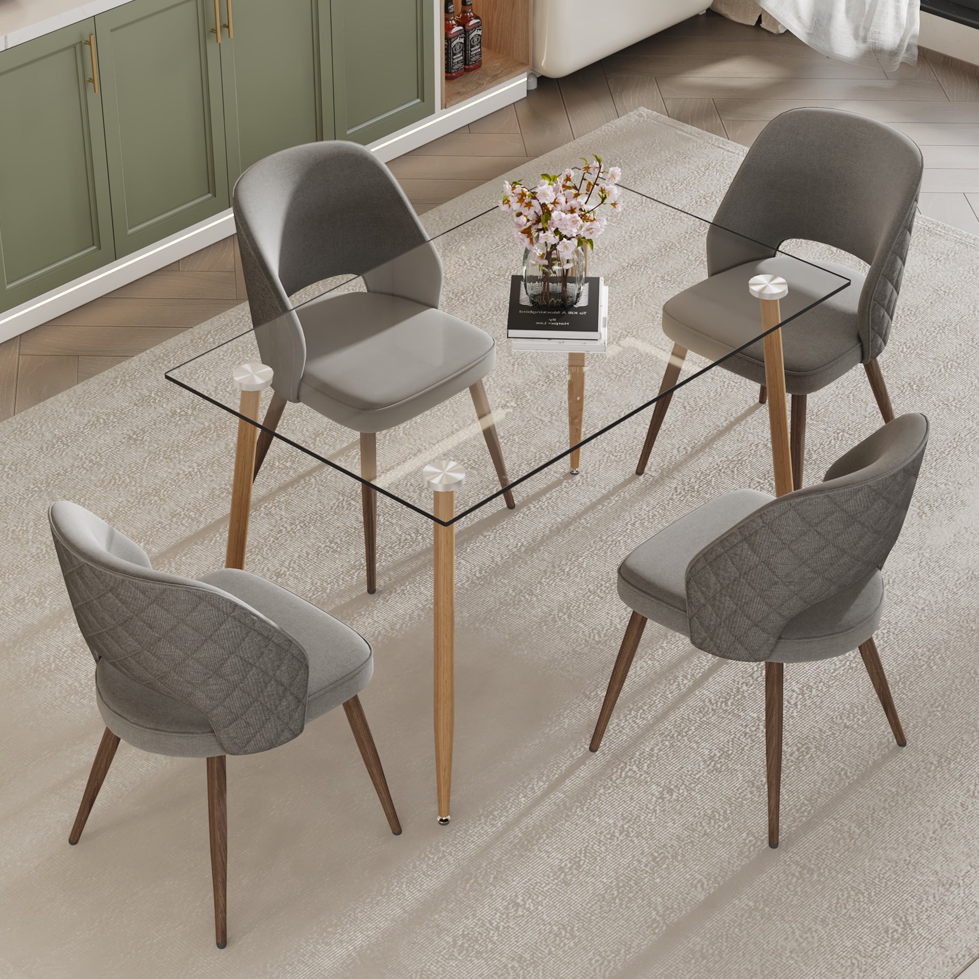 Dining Chair and Table Set- 4 Dark Gray Wooden Colored Metal Leg + 1 Glass Dining Table_3