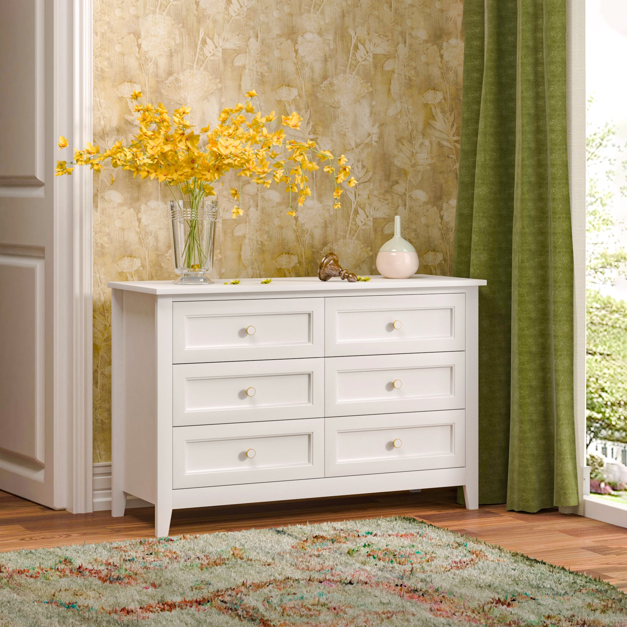6 Drawers Wood Accent Stylish Dresser Chest and Storage Organizer- White_3
