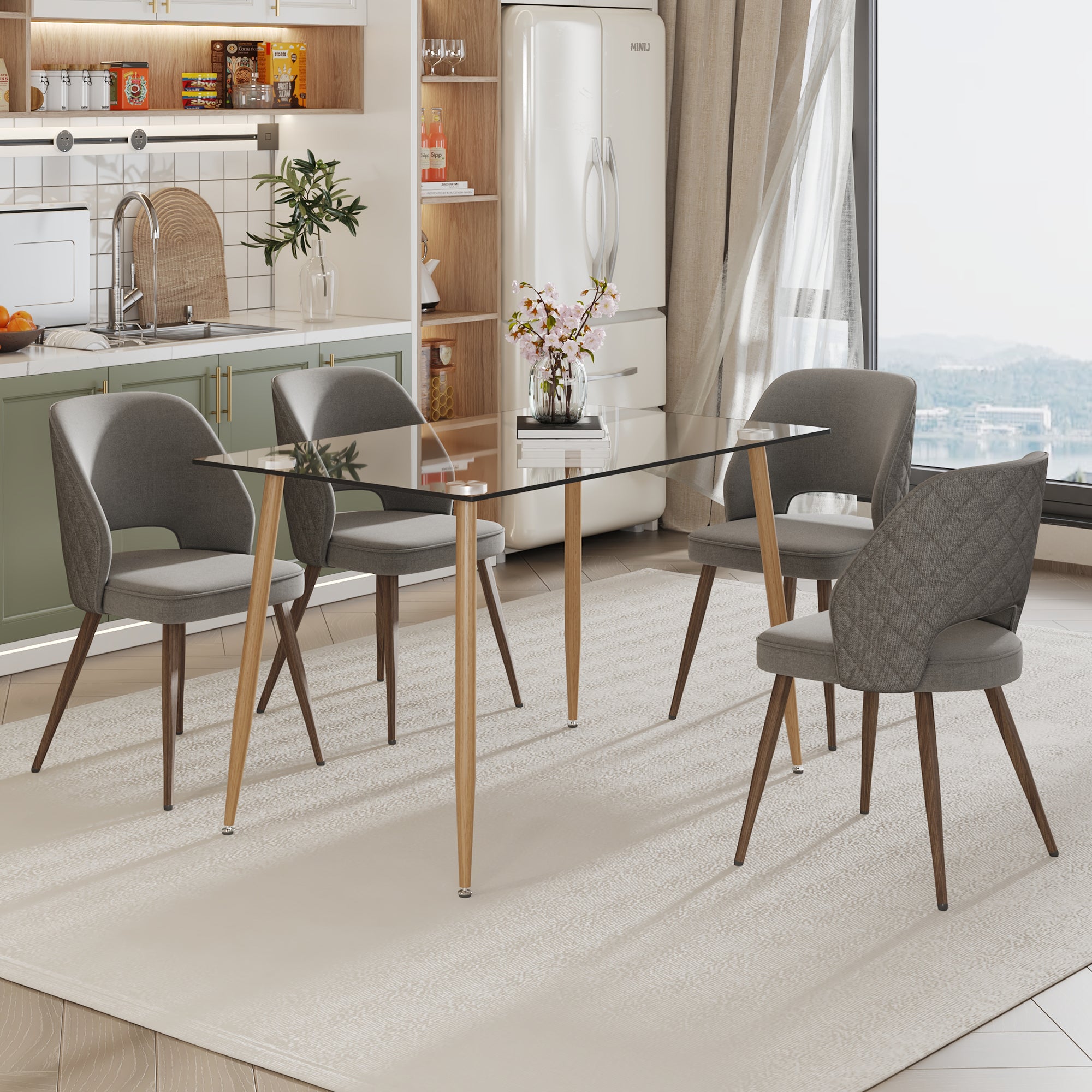 Dining Chair and Table Set- 4 Dark Gray Wooden Colored Metal Leg + 1 Glass Dining Table_4