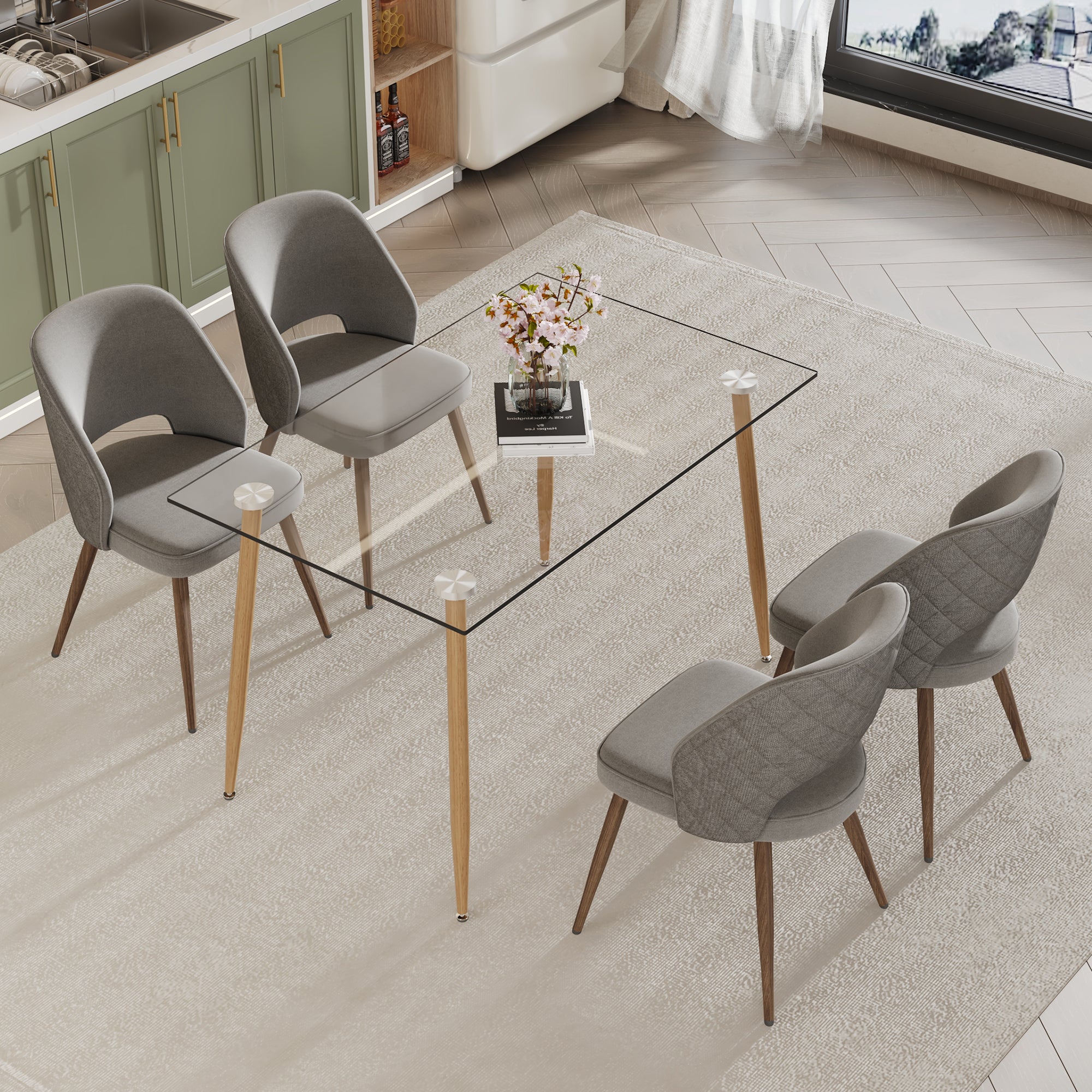 Dining Chair and Table Set- 4 Dark Gray Wooden Colored Metal Leg + 1 Glass Dining Table_2