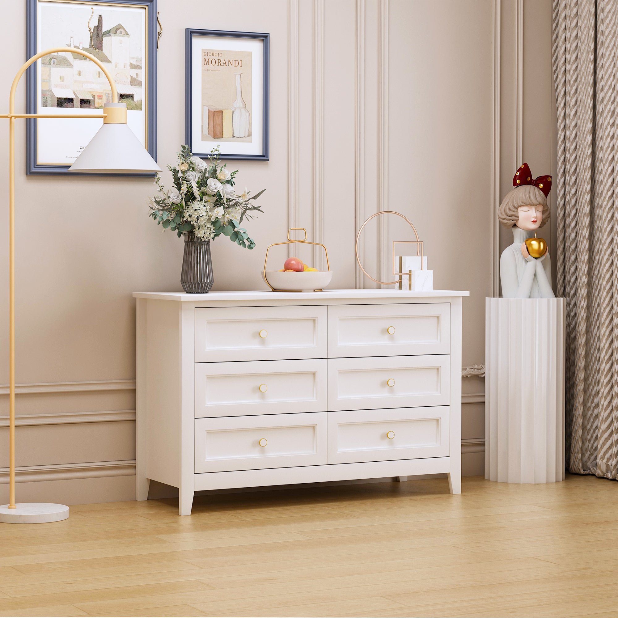 6 Drawers Wood Accent Stylish Dresser Chest and Storage Organizer- White_1