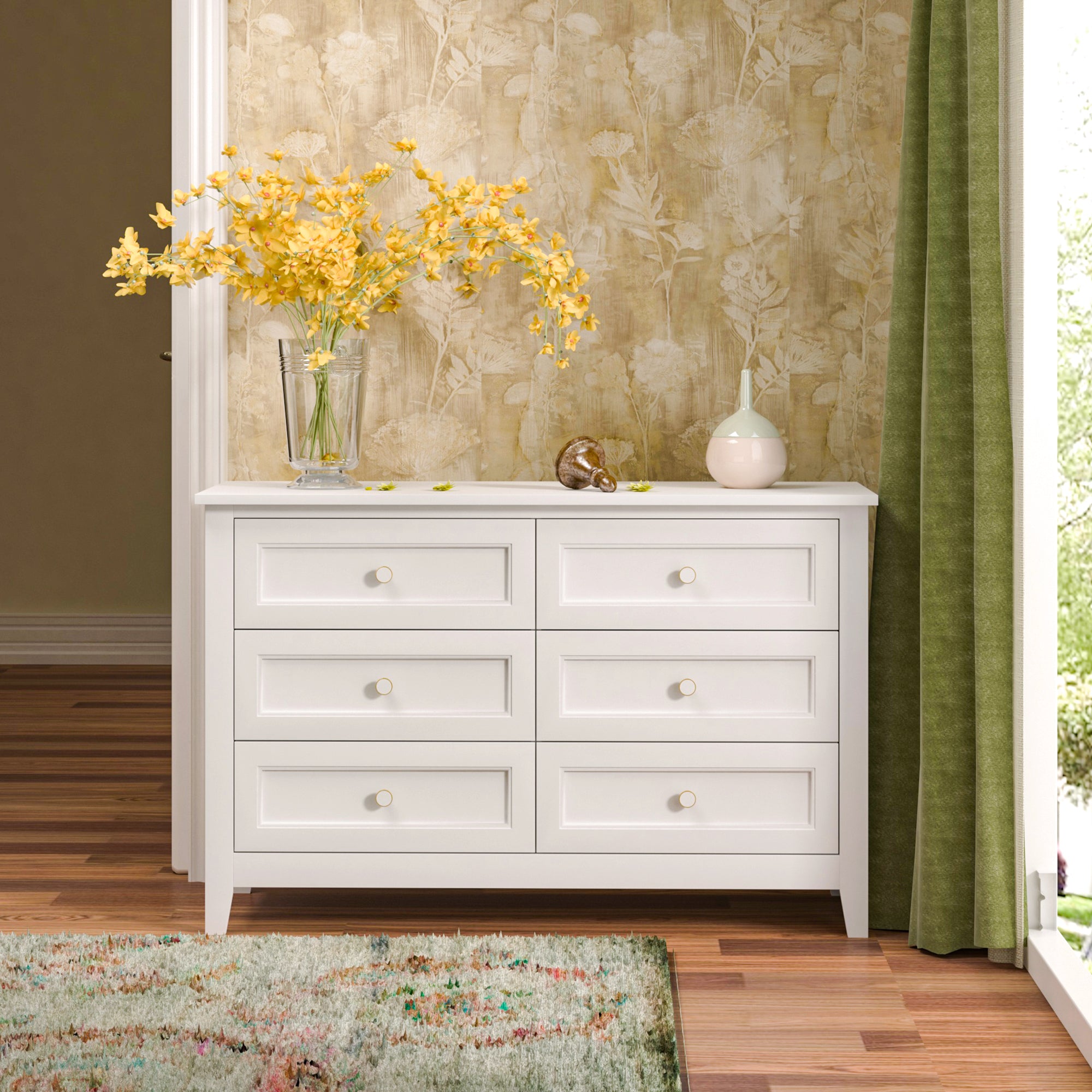6 Drawers Wood Accent Stylish Dresser Chest and Storage Organizer- White_2