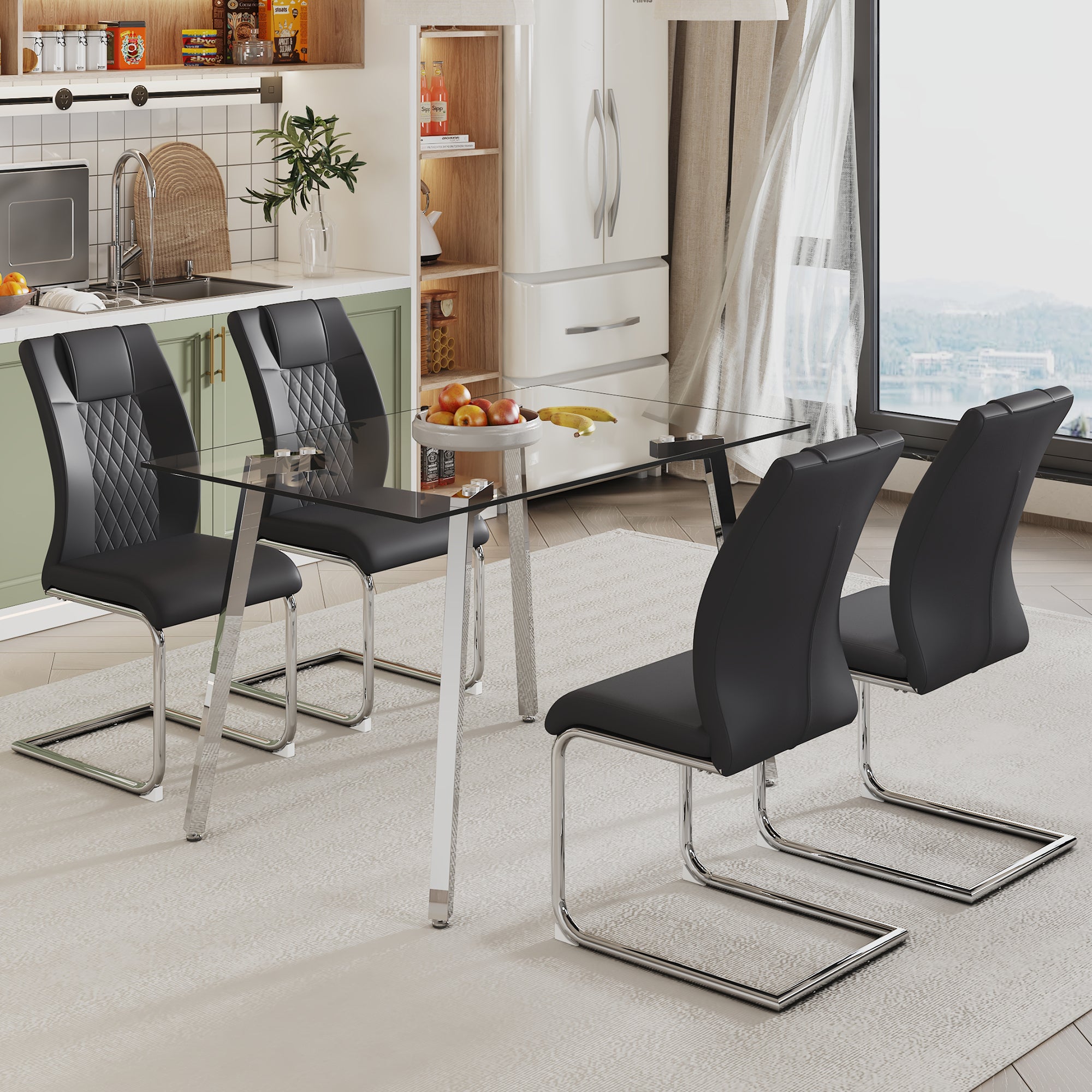 Glass Dining Table and Chair Set- 4 Grid Patterned Black Dining Chairs and 1 Dining Table_2