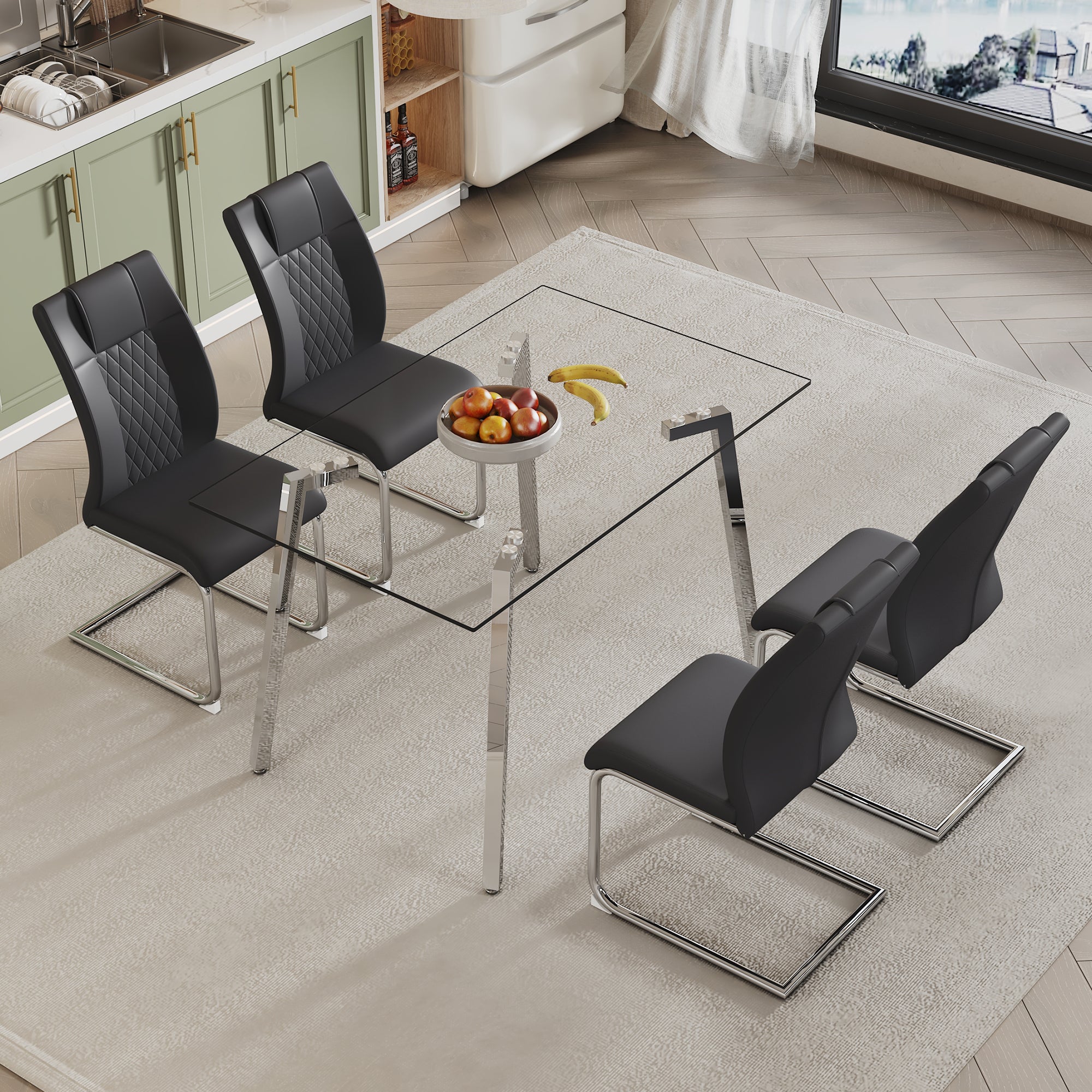 Glass Dining Table and Chair Set- 4 Grid Patterned Black Dining Chairs and 1 Dining Table_1