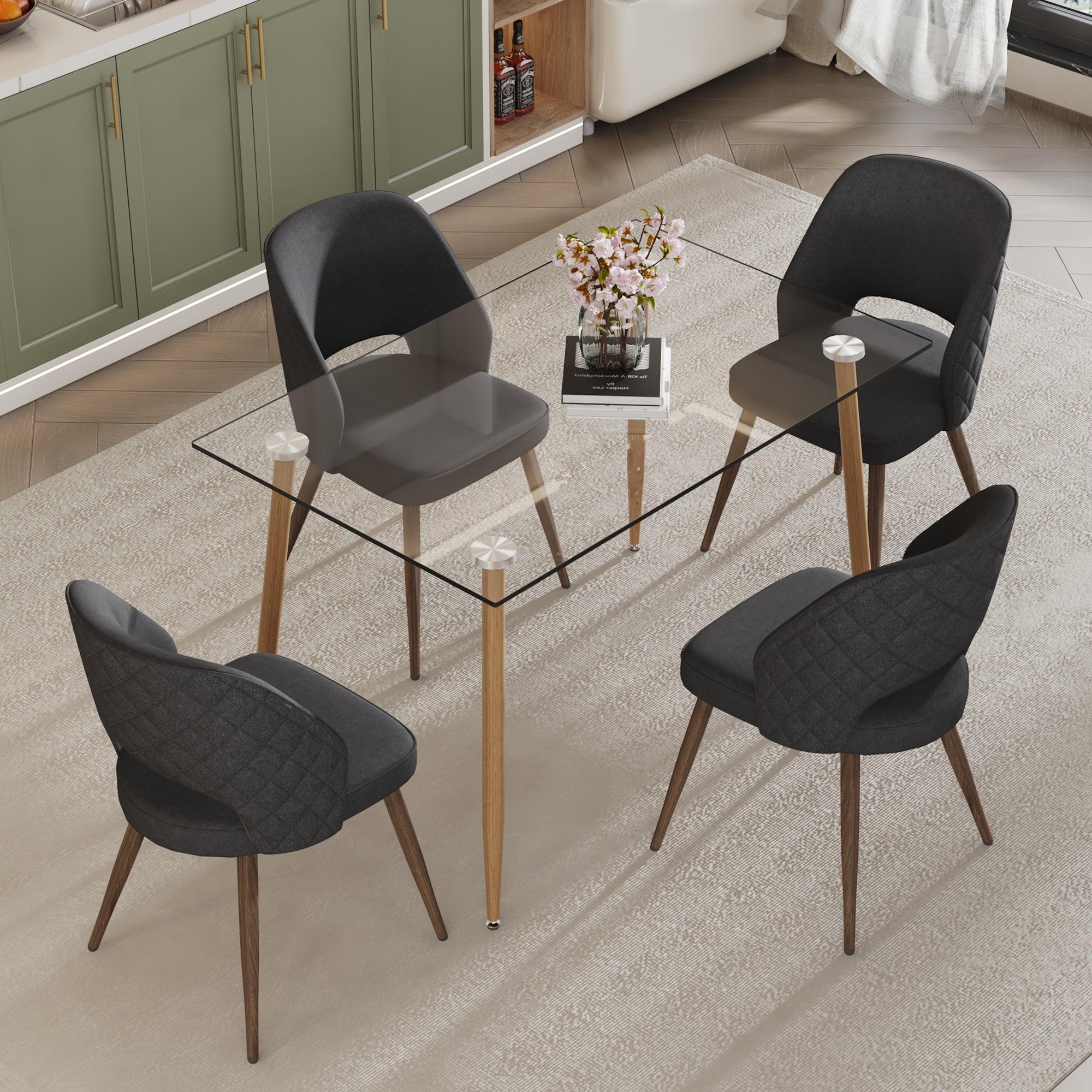 Dining Chair and Table Set- 4 Dark Gray Black Colored Metal Leg+ 1 Glass Dining Table_3