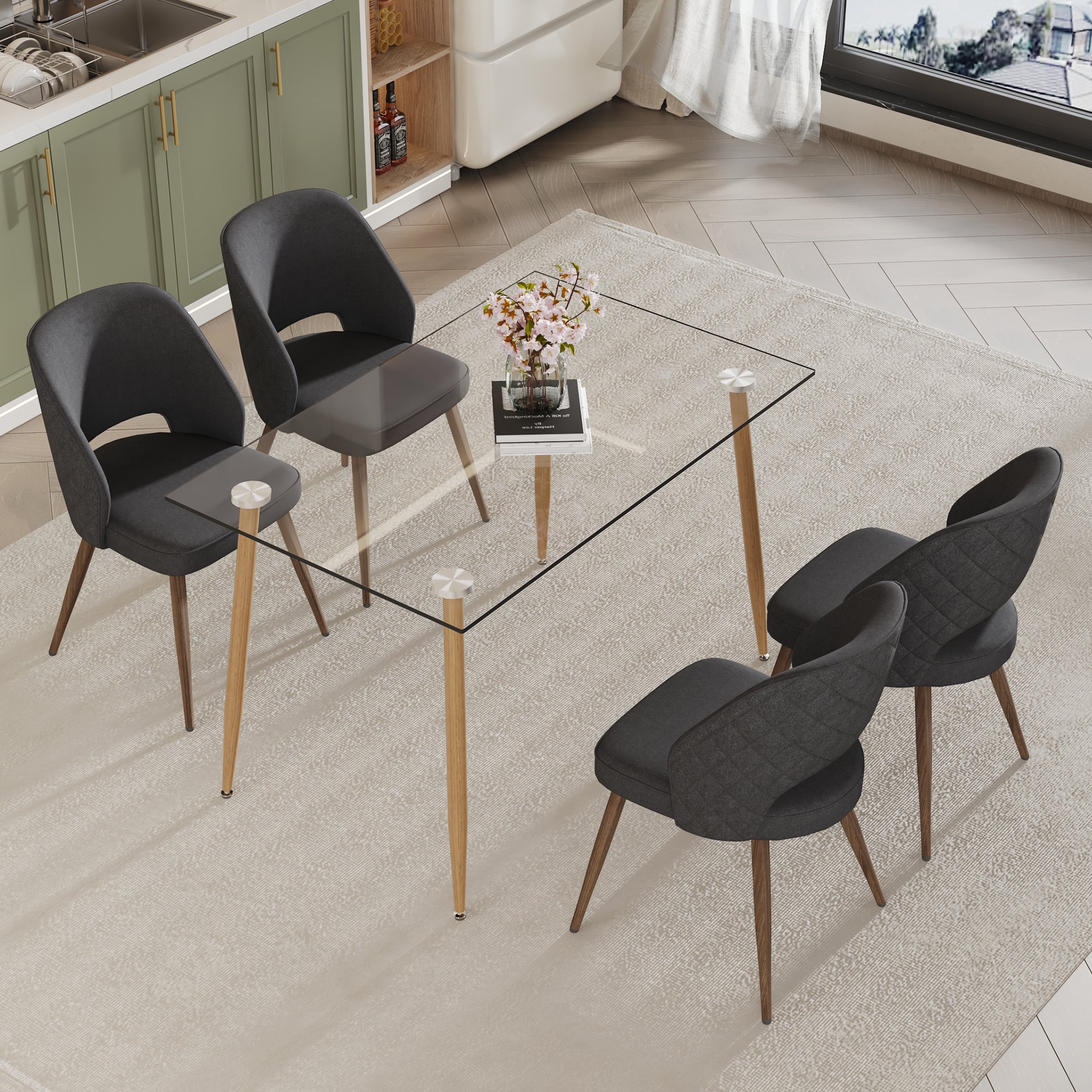 Dining Chair and Table Set- 4 Dark Gray Black Colored Metal Leg+ 1 Glass Dining Table_4