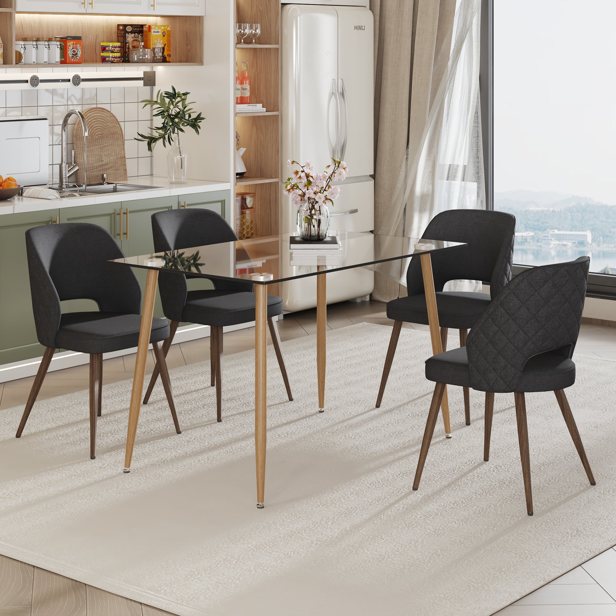 Dining Chair and Table Set- 4 Dark Gray Black Colored Metal Leg+ 1 Glass Dining Table_2