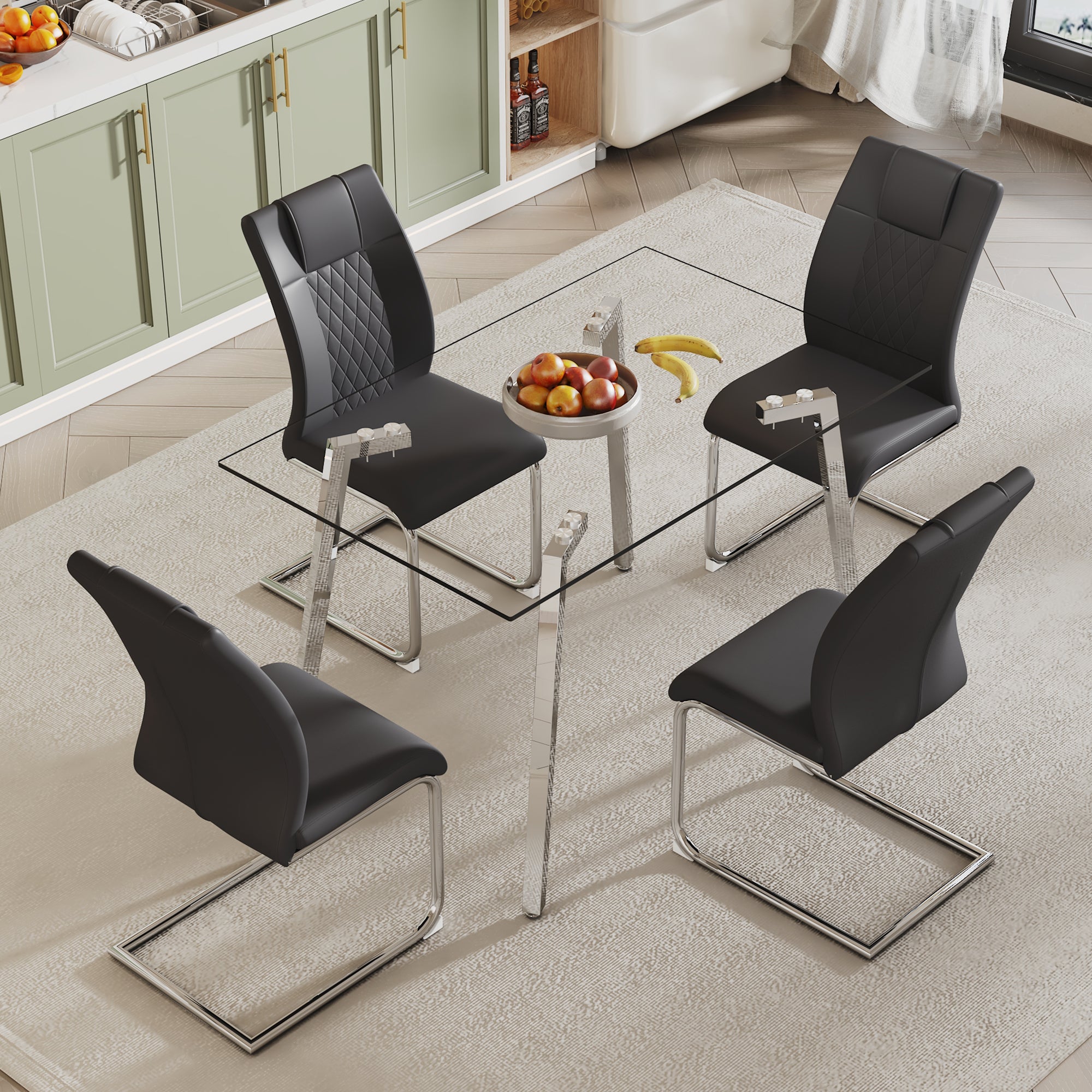 Glass Dining Table and Chair Set- 4 Grid Patterned Black Dining Chairs and 1 Dining Table_3