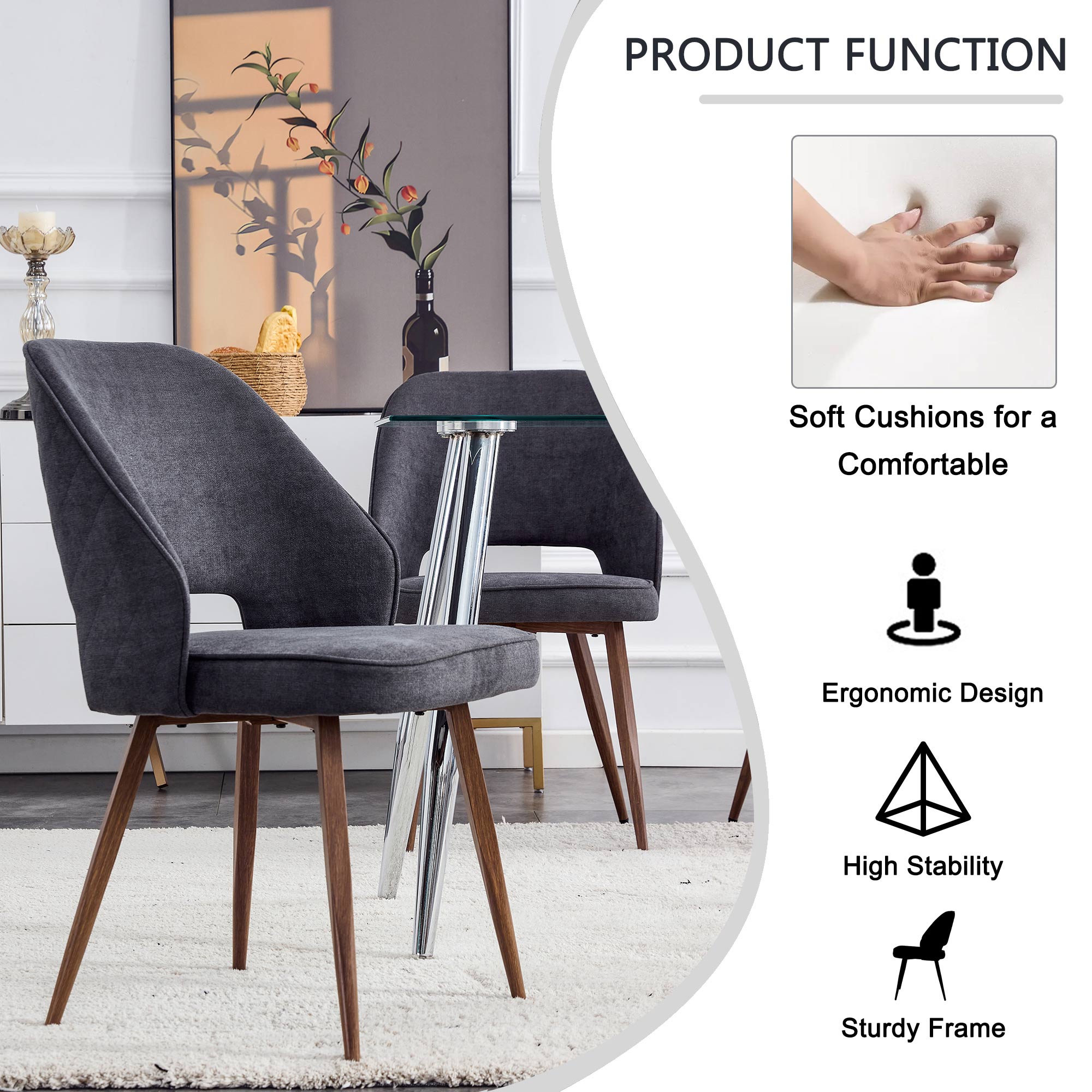 Dining Chair and Table Set- 4 Dark Gray Black Colored Metal Leg+ 1 Glass Dining Table_12